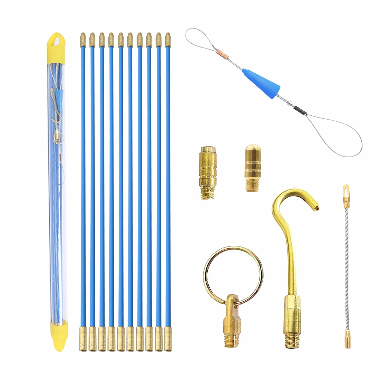 Varillas de fibra de vidrio para cable con guía de recogida de cables, 10 barras de 33 cm x 4 mm, espiral retráctil con muelle guía, ayuda para retraer con gancho y orificio para tender cables