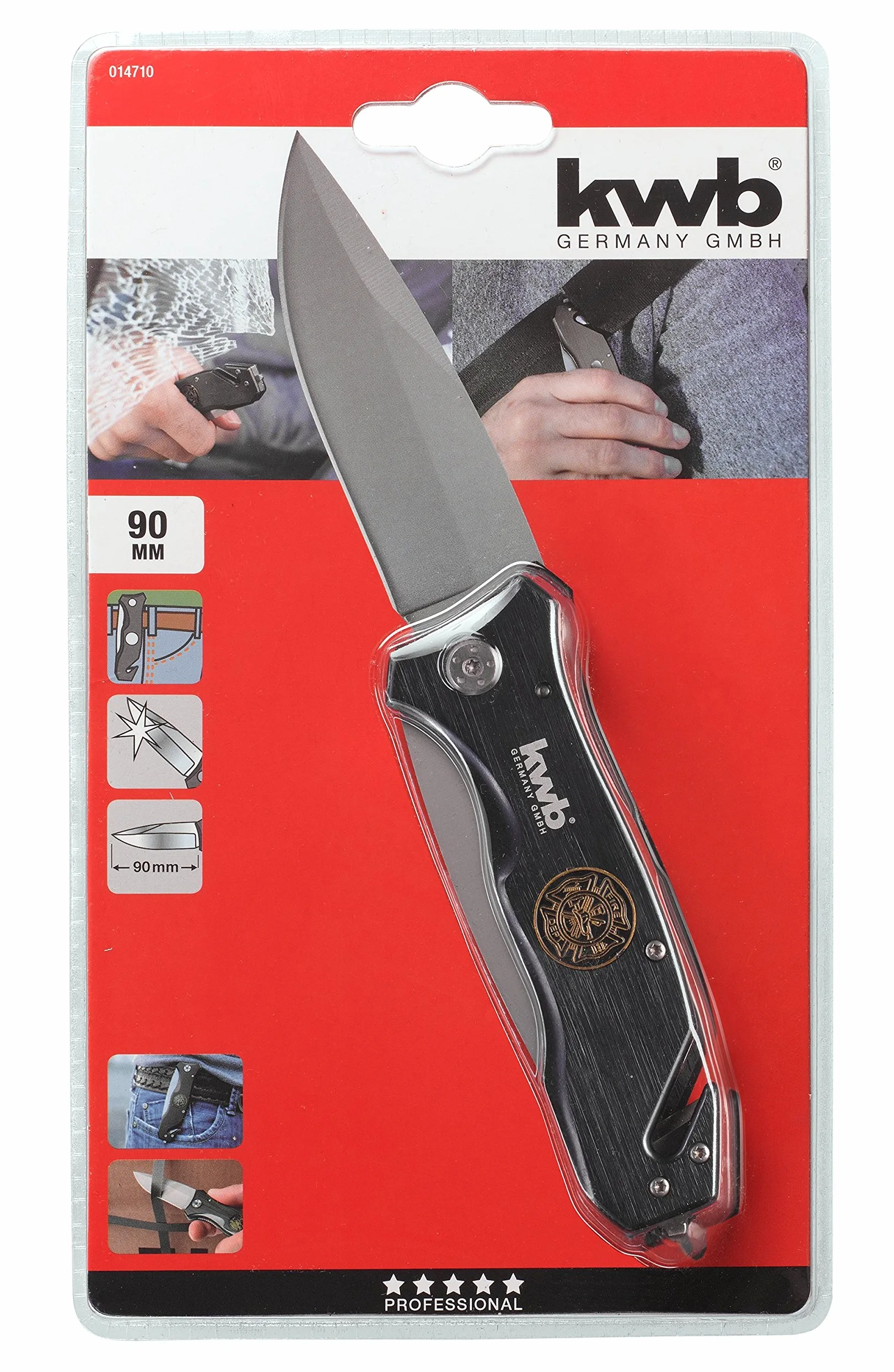 kwb cuchillo de rescate con cortador de cinturón y rompecristales, extra afilado, cuchillo de emergencia con hoja de 90 mm