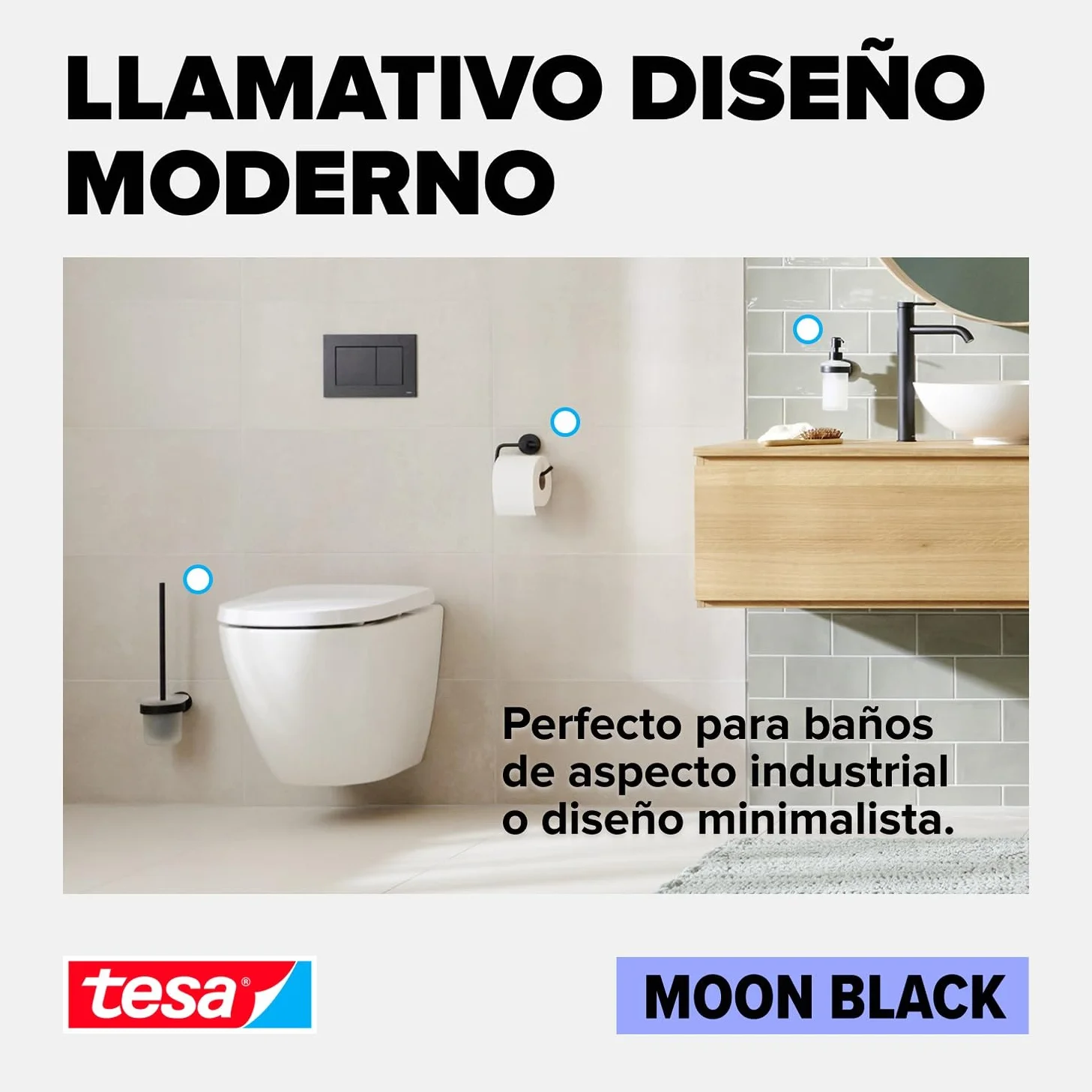 tesa Anilla de Toallas Moon Black Negro Mate autoadhesiva 53 mm x 184 mm x 130 mm