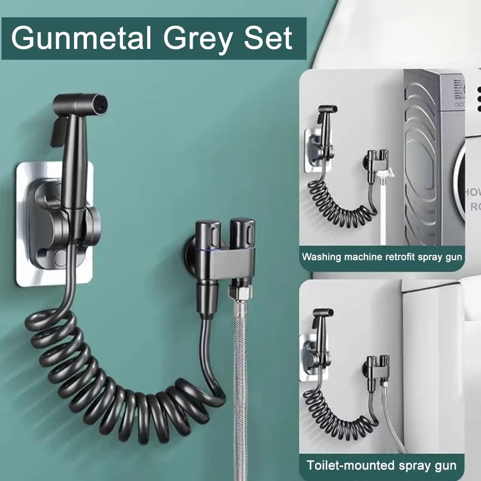 Grifo Bidet para WC Bidet Kit Edelstahl Ducha Higienica mit Soporte Tubo de Resorte Adhesivo Pulverizador de Válvula de Doble Control Para Inodoro Ducha de Mano Para Baños y Aseos