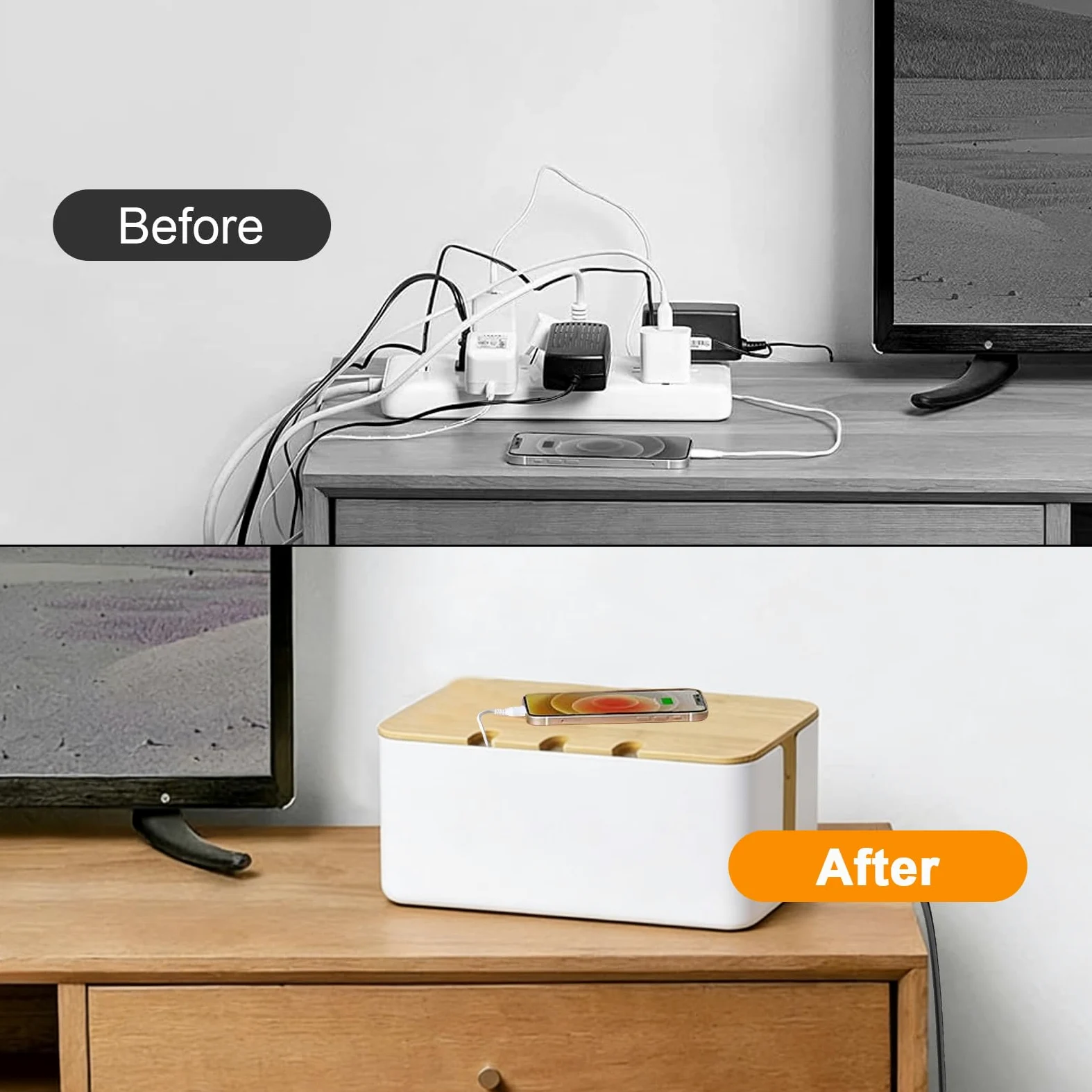 Juego de 3 Caja Cables Blancas, Caja Cables Organizador con Tapas de Bambú de Tres Tamaños, Caja Organizadora de Cable con Tapa de Madera Perforada, Caja para Cable con Bridas