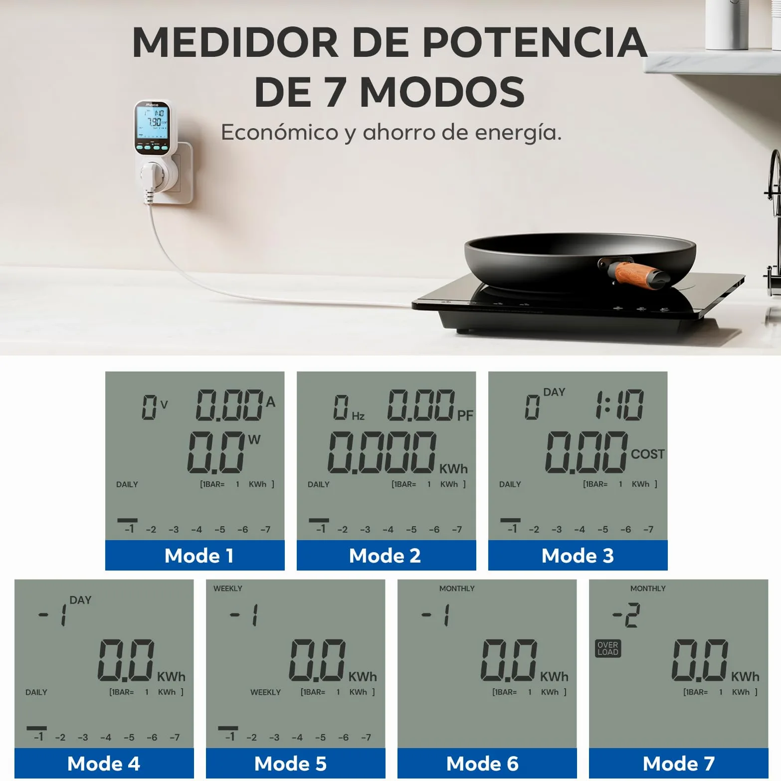 Maxcio Medidor de Consumo de Energía, enchufe de ahorro energético con pantalla LCD retroiluminada, 7 Modos Medidor de Consumo Electrico con Protección contra Sobrecarga, Nuevo Estilo