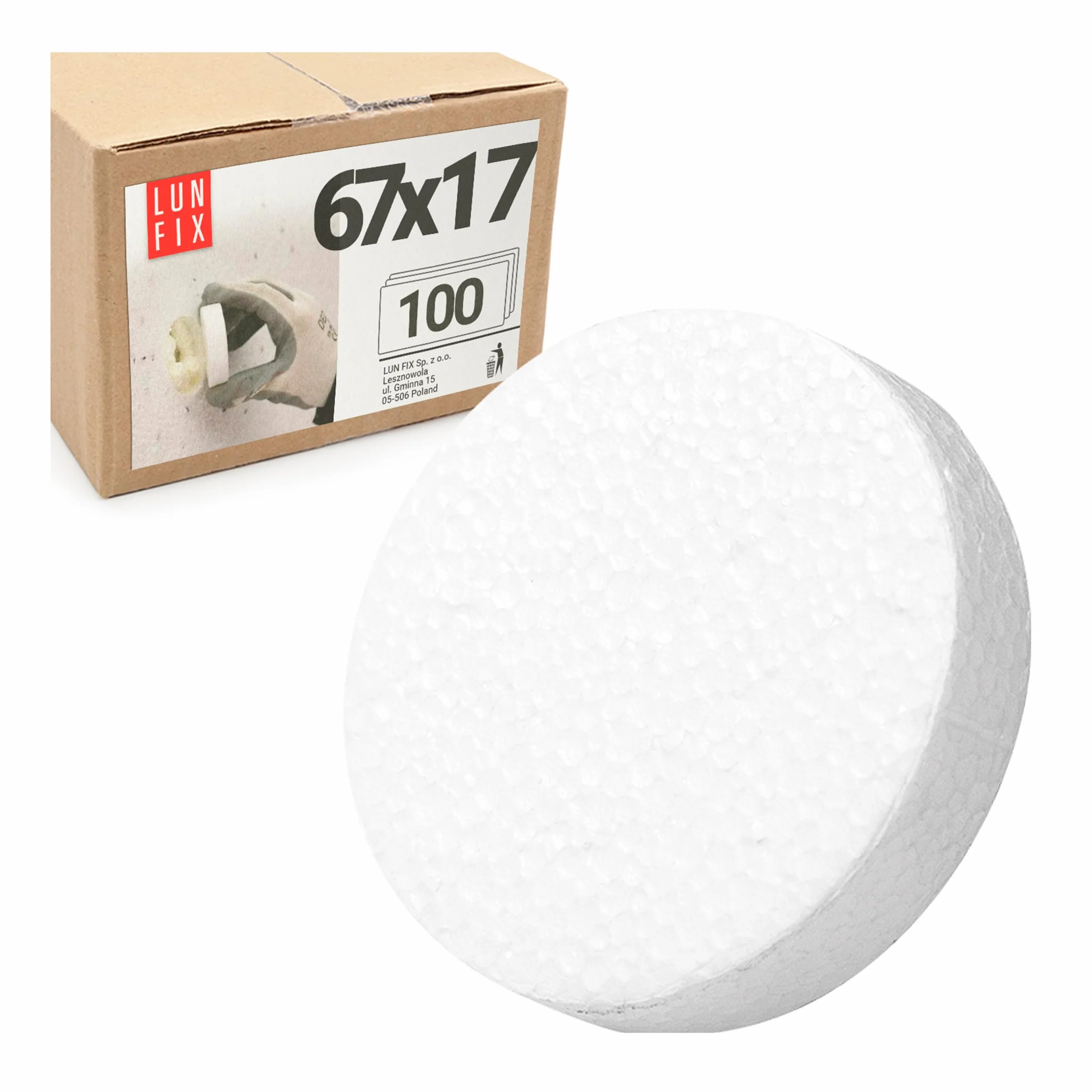 100 tapones de poliestireno expandido (EPS), diámetro de 67 x 17 mm, color blanco, para tacos aislantes, aislamiento en WDVS, apto para fresadoras, discos de poliestireno