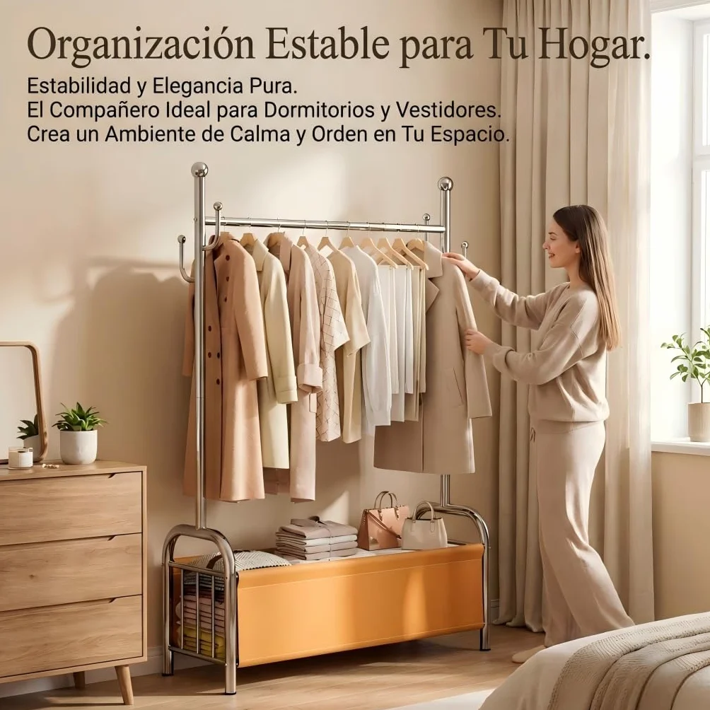 Burro Ropa Acero Inoxidable con Cesta Almacenaje, Perchero Estable Pie, 3 en 1 Tendedero Organizador
