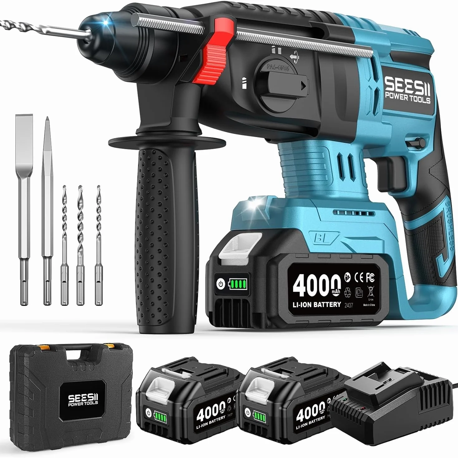 Seesii 3-in-1 Martillo Perforador a Baterías: 2,5J Potente Martillo Percutor sin cable con Motor sin escobillas, 2 * 4,0AH Baterías y Cargador, 5 piezas SDS-plus, Mango Antivibración, Para Bricolaje