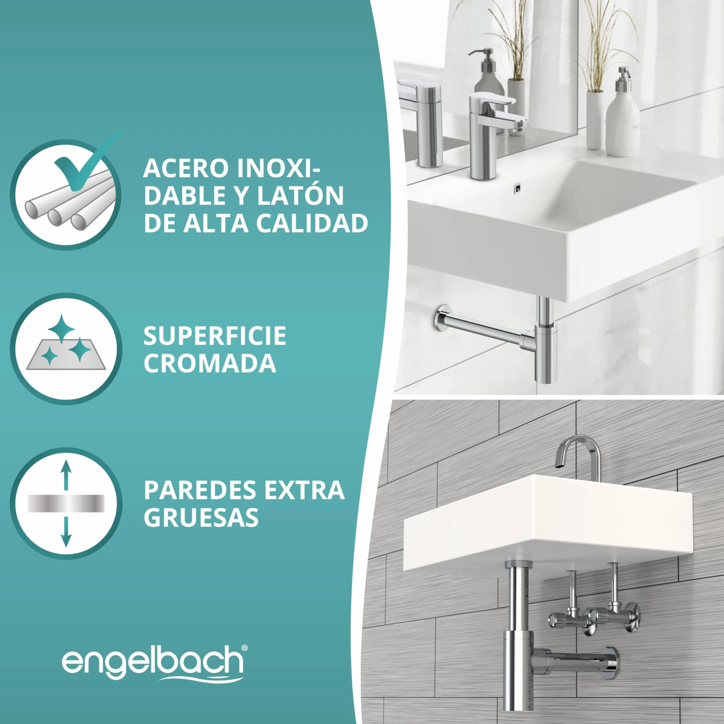 Engelbach Sifón lavabo 1 1/4" cromado desagüe universal con apertura limpieza