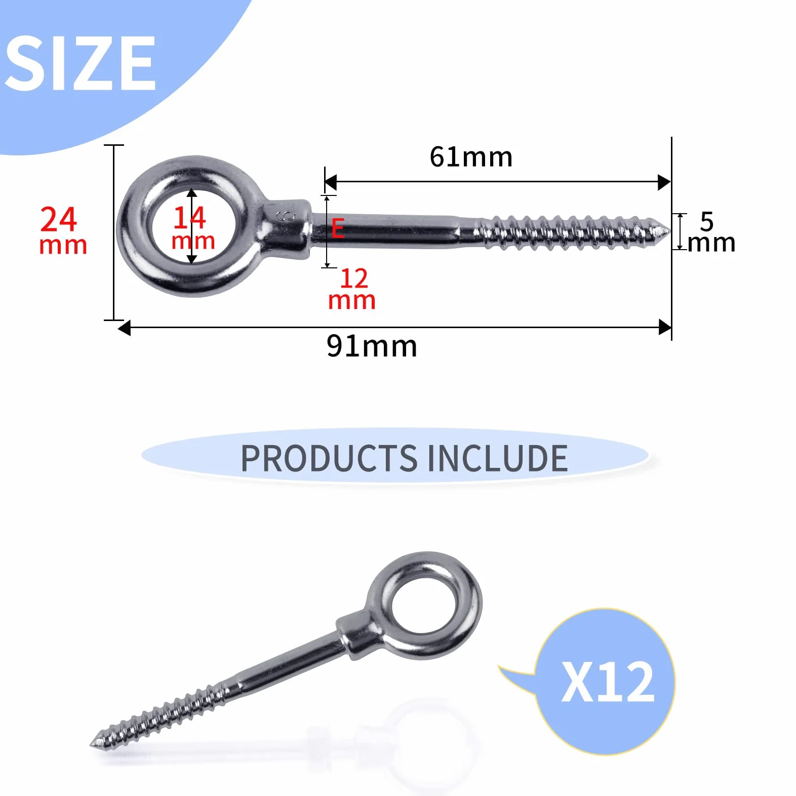 EFUTURETIME12 x Perno con M6 x 60mm, Tornillo de Ojo Rosca para Madera y Rosca Parcial M6 x 60mm, Ornillo de Anillo de Acero Inoxidable 304, Perno de Ojo