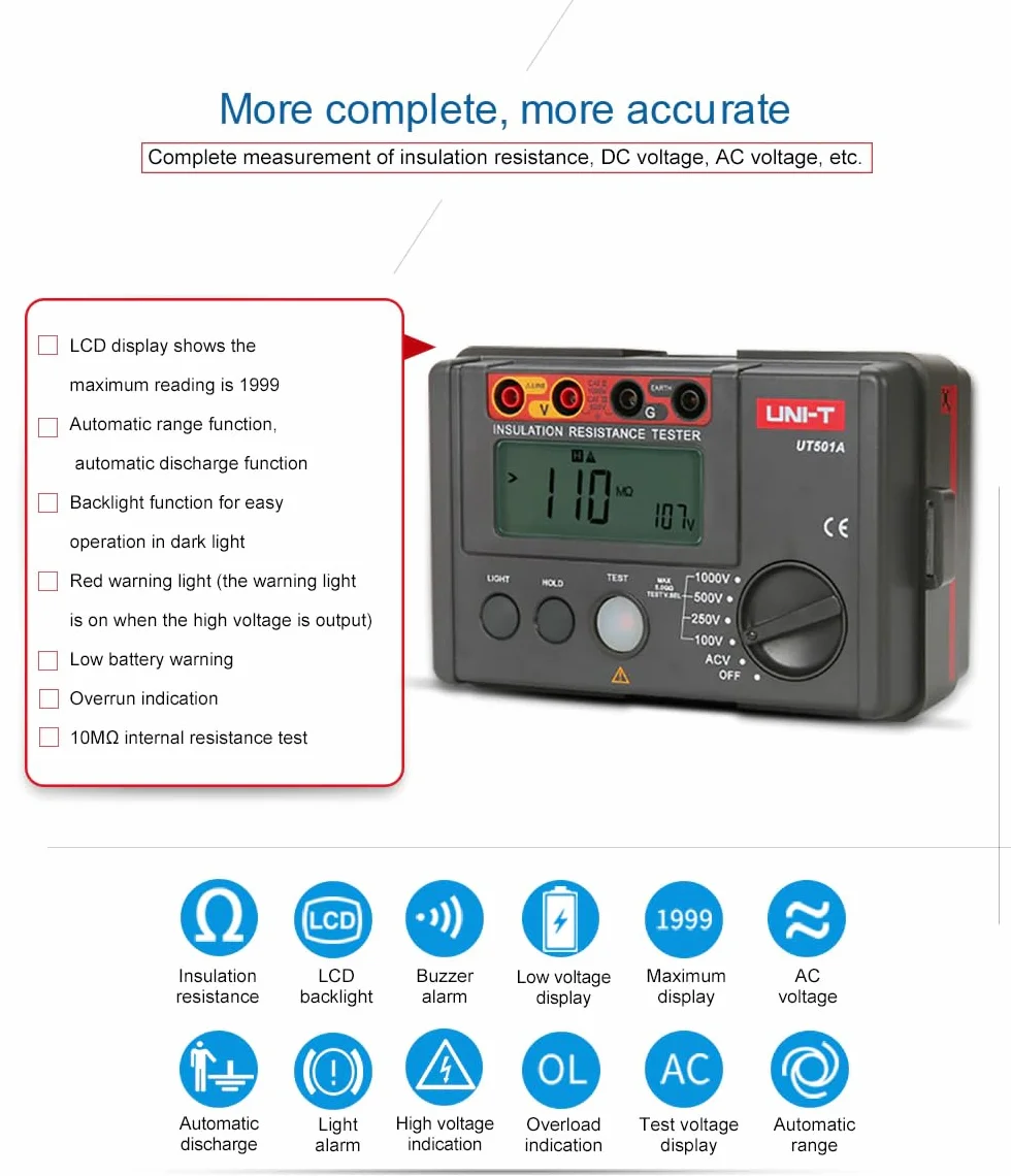 UNI-T UT502A Ground Resistance Meter Megger Auto Range Ohm Tester Megohmmeter