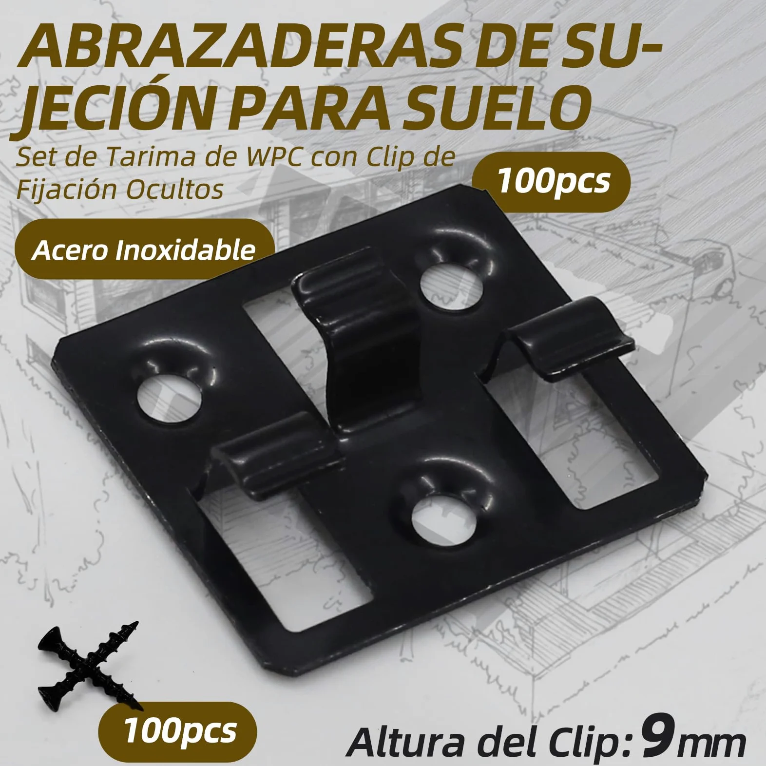 Clips de suelo WPC, fijaciones ocultas de acero inoxidable, adecuados para baldosas de suelo WPC y BPC, fijaciones de suelo de fácil montaje (100 clips, 100 tornillos, negro) (ranura de 5 mm de ancho