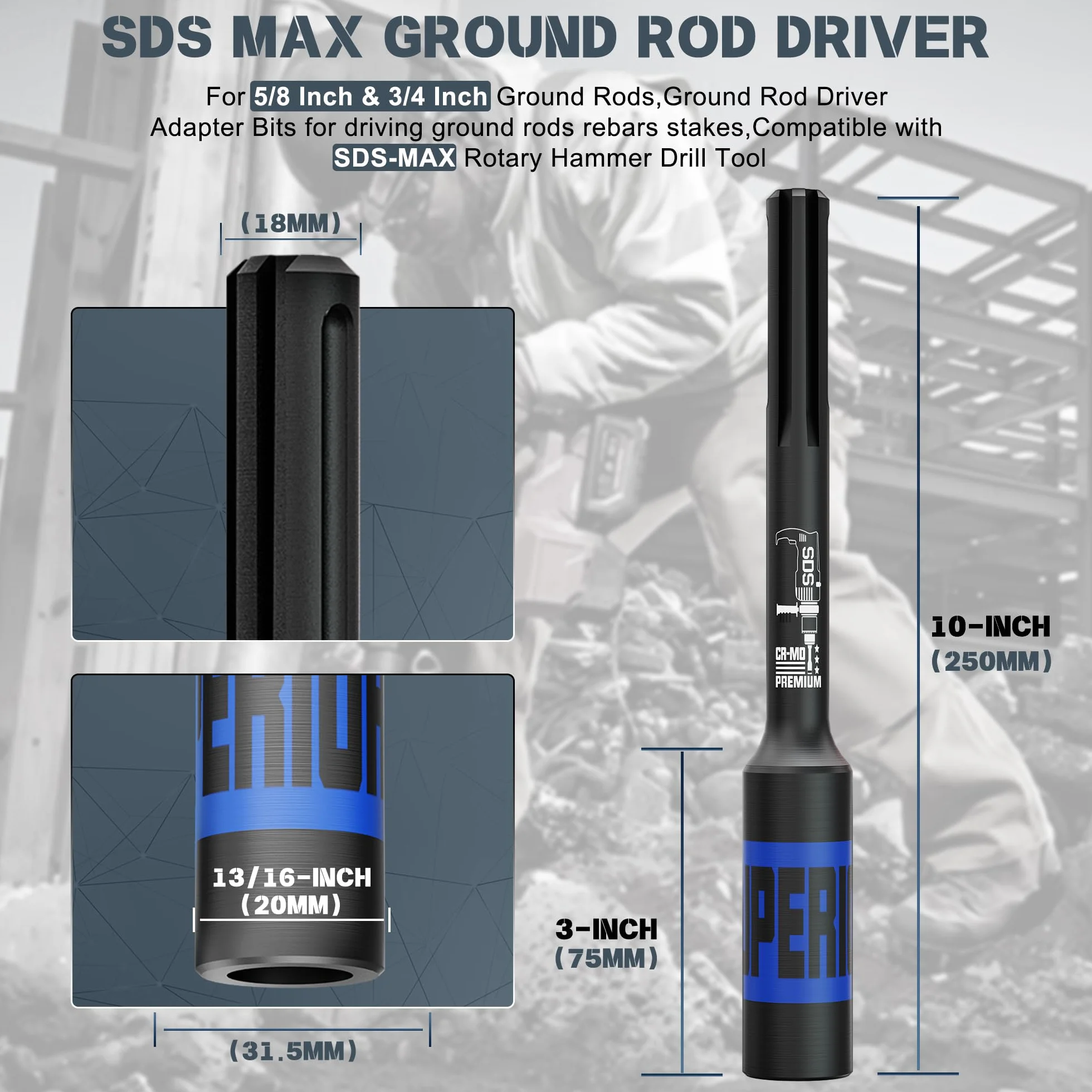 SDS-Max - Adaptador de varilla de tierra para accionamiento de escaleras de tierra, compatible con SDS-Max rotatorio martillo perforador, diámetro interior 20 mm