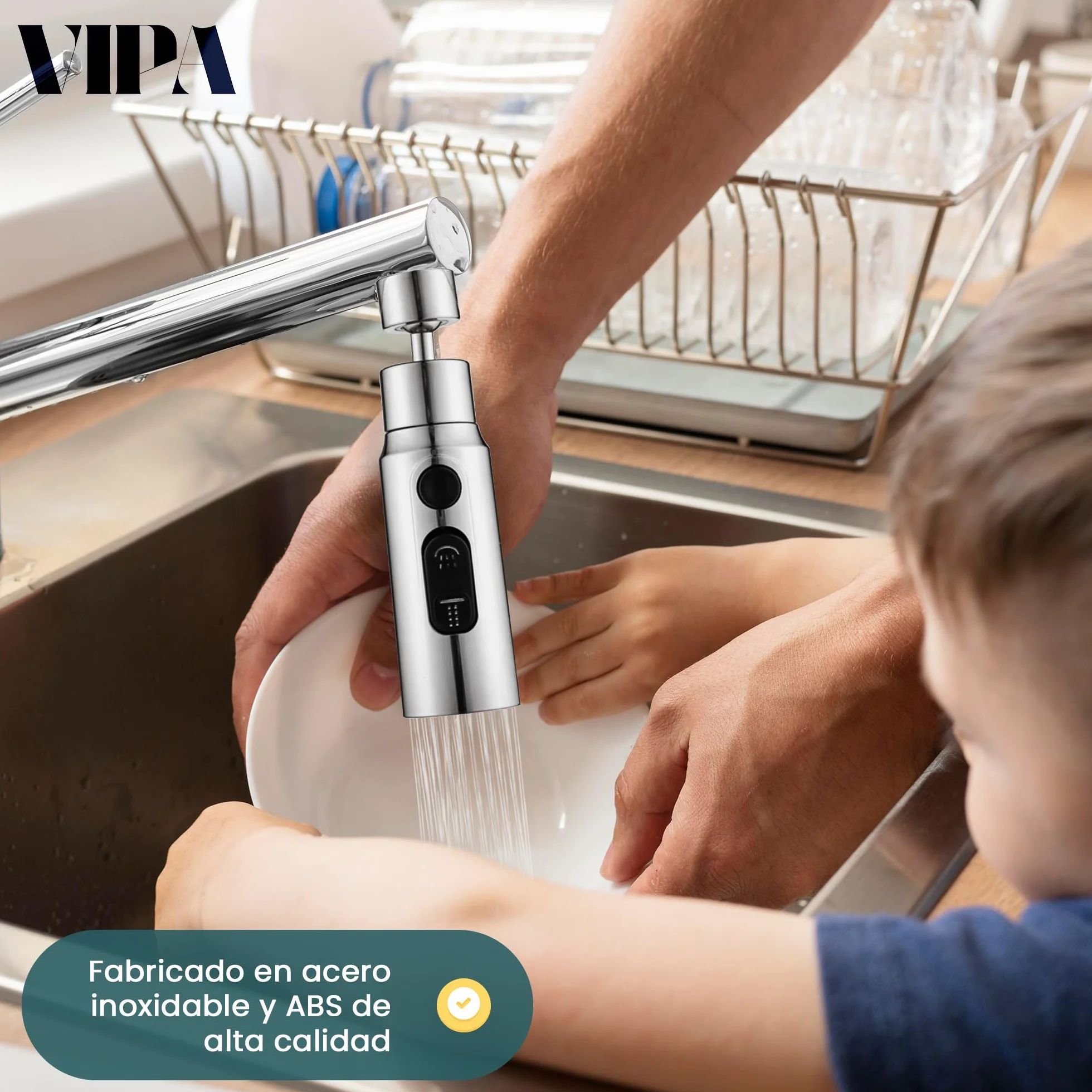 VIPA Adaptador Grifo Cocina 3 Modos Ajustable 360º con Adaptador Universal Boquilla Grifo Filtrado a Prueba de Salpicaduras