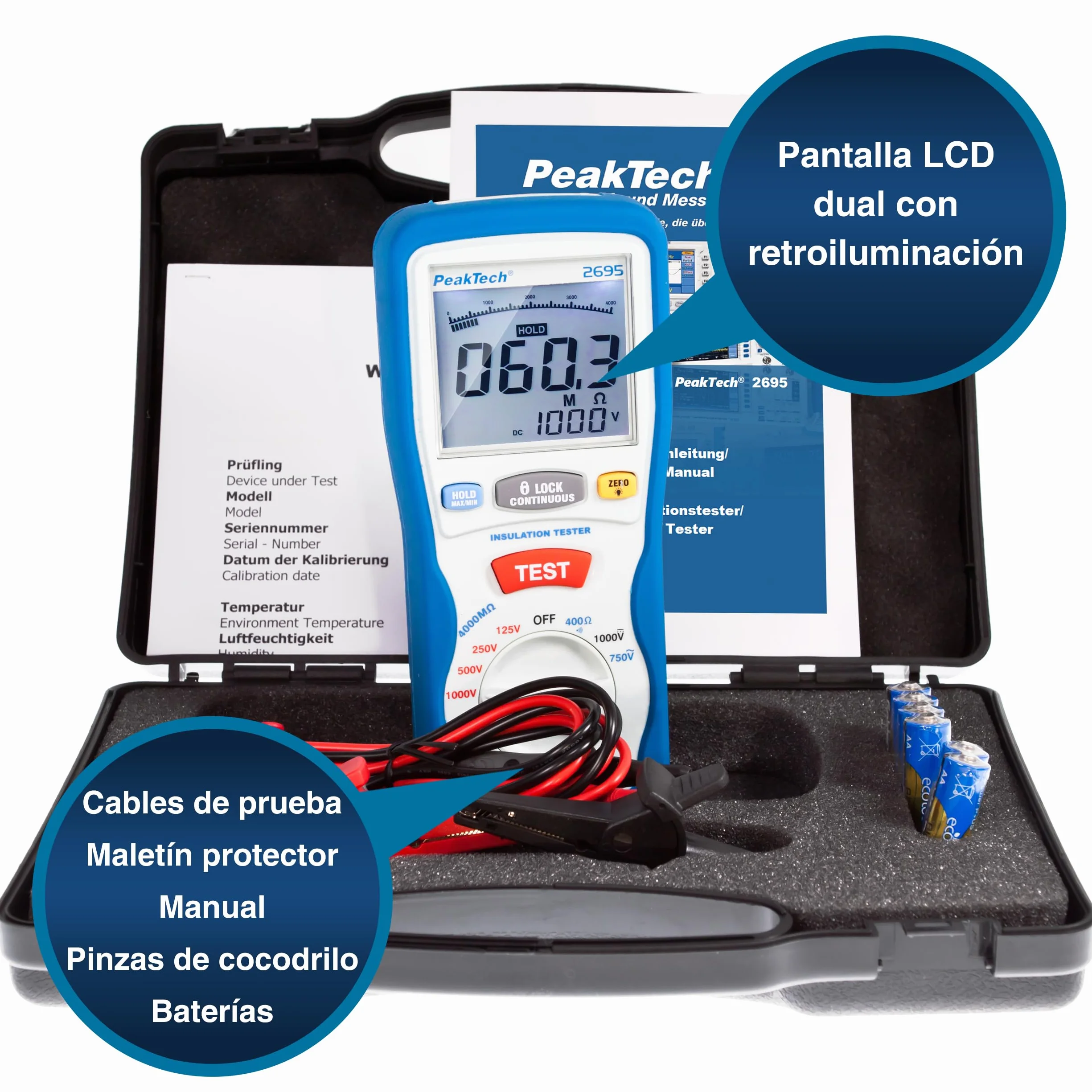PeakTech 2695 – Probador de aislamiento, calibrado, probador de continuidad, voltímetro, circuitos, fusibles, mínimo/máximo, retención de datos, TUV/GS - 125V, 250V, 500V, 1000V