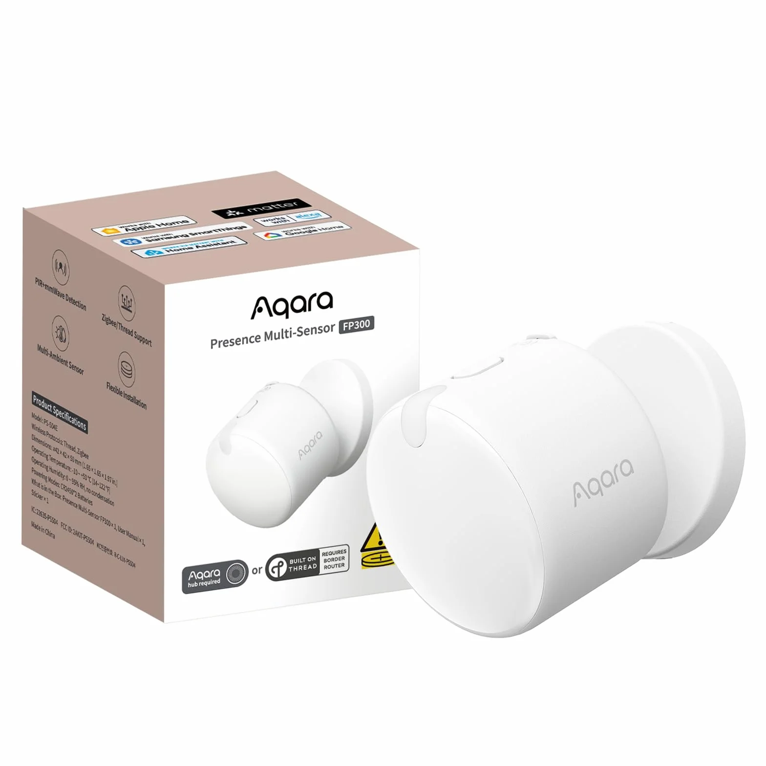 Aqara FP300 Sensor de Presencia Inalámbrico 5 en 1, Thread/Zigbee, mmWave Radar+PIR, Movimiento/Luz/Temperatura/Humedad, HomeKit, Home Assistant