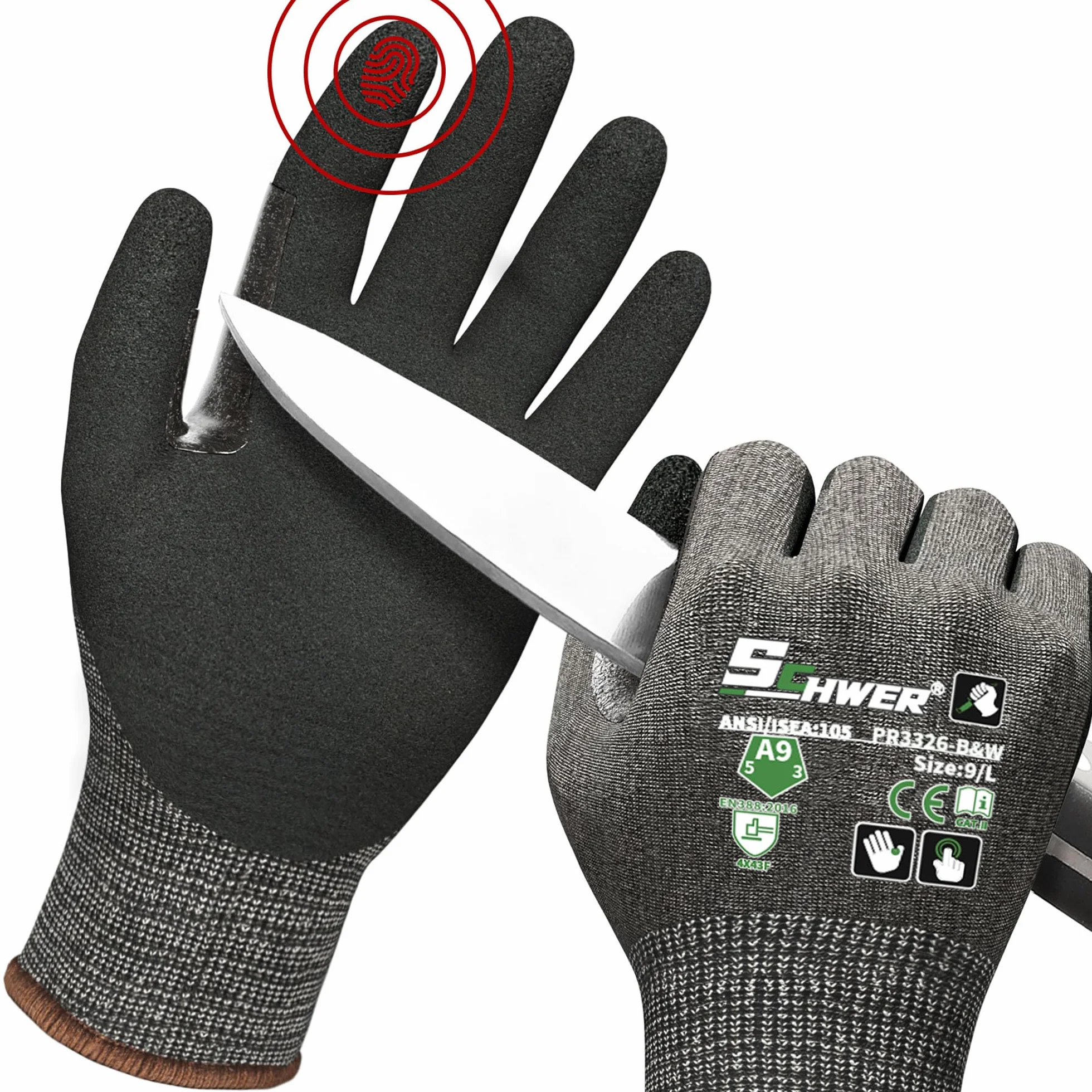 Guantes anticorte Schwer (LEVEL A9/F) duraderos para trabajo reparación automóviles fabricación vidrio grabado negro L