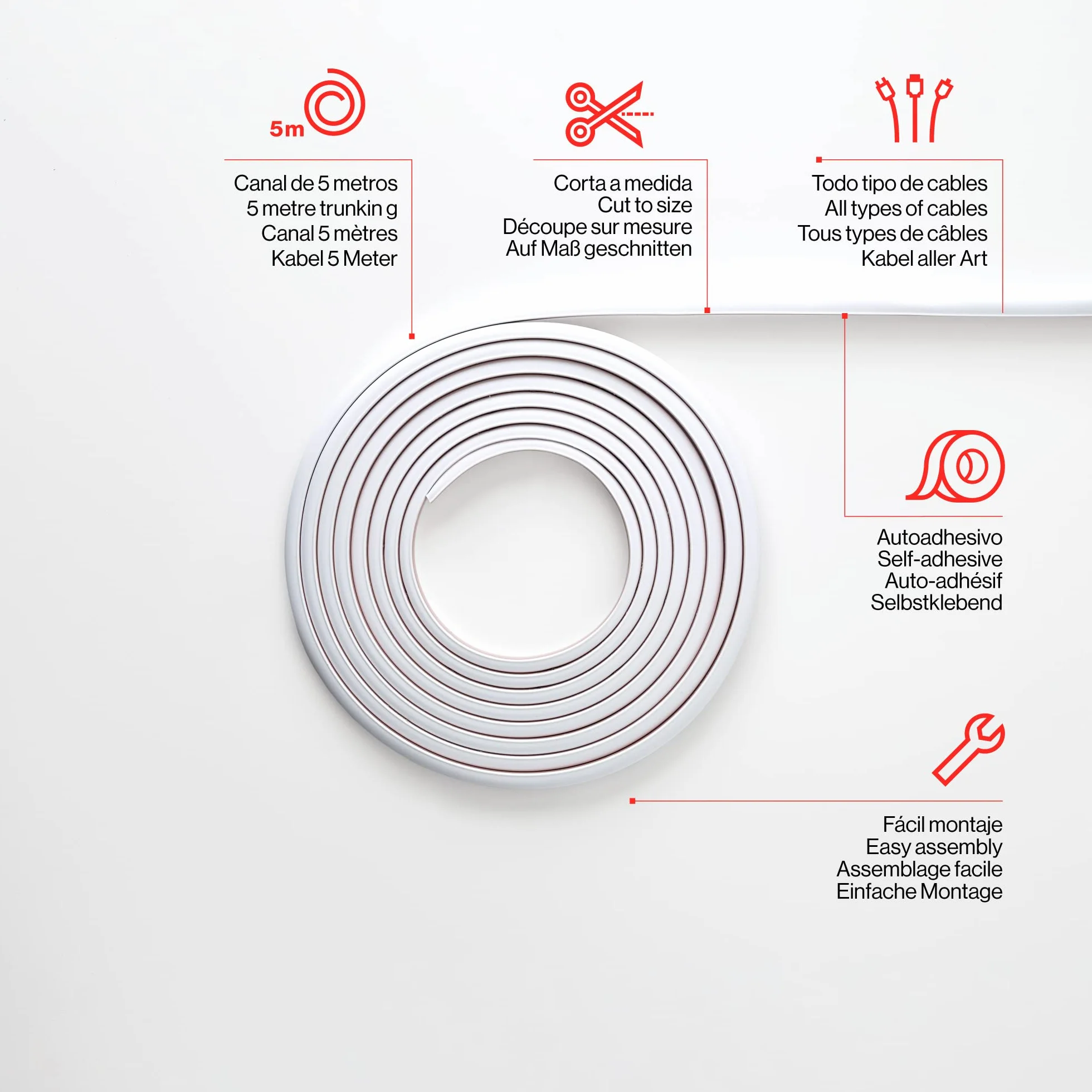FAMATEL – Canaleta Cables Adhesiva | 5 Metros | 10 x 16 mm | Novedad - Formato Enrollable | Rectangular | Fácil Montaje con Autoadhesivo | Canaleta para cableado | Blanco