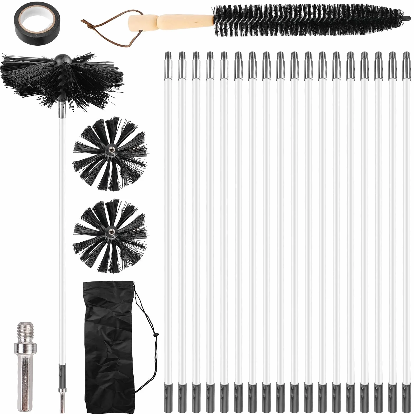 Juego de 24 varillas de cepillo de chimenea con 18 varillas flexibles de 410 mm + 2 cabezales de cepillo de 150 mm + 1 cepillo largo de madera + accesorios, kit de cepillo de limpieza para chimenea