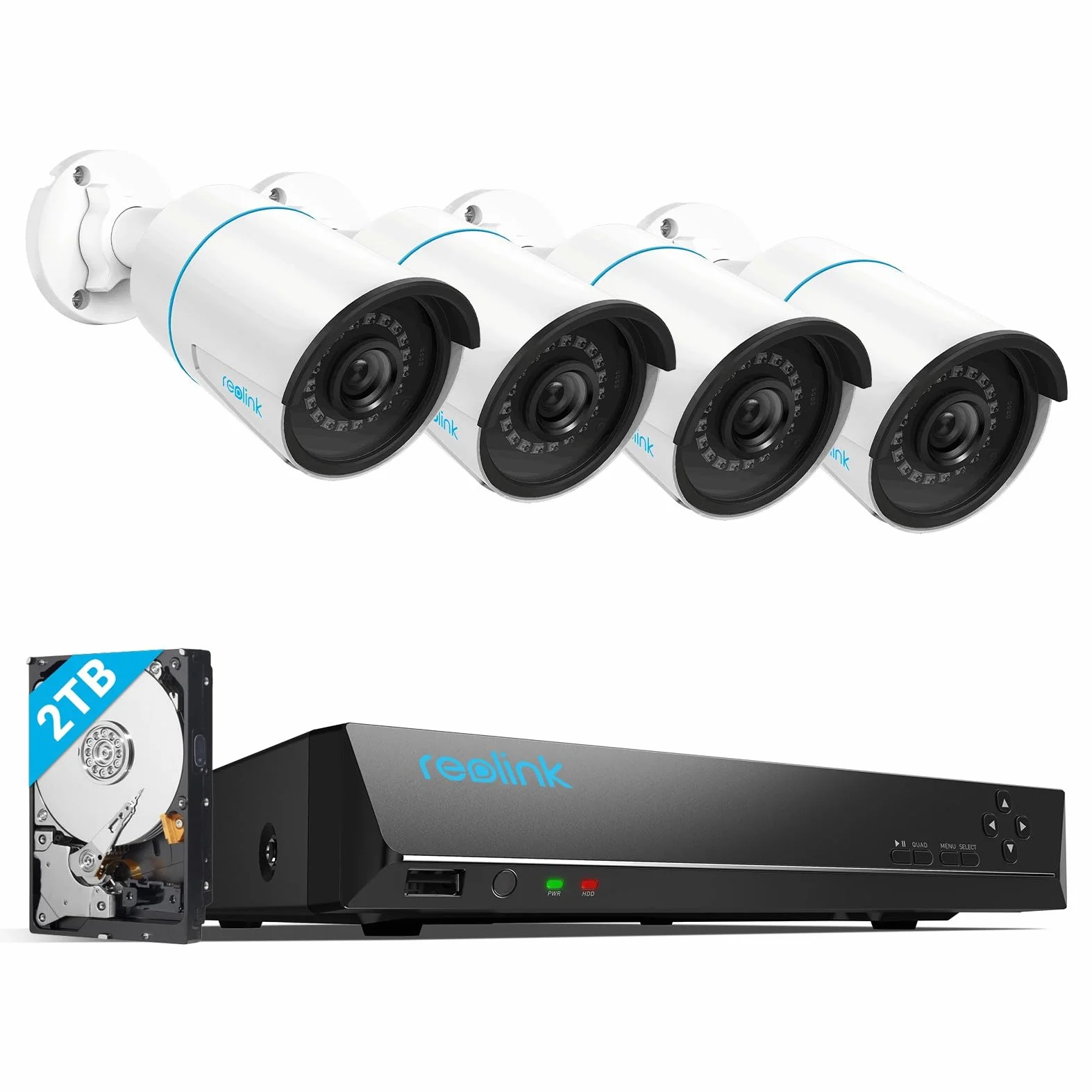 Reolink Kit Cámaras de Seguridad 8CH 5MP H.265, 4 PoE IP Cámaras Exterior Impermeables IP67, Detección de Personas/vehículos, 30M Visión Nocturna, 2TB HDD NVR para Grabación Continua, RLK8-410B4-5MP