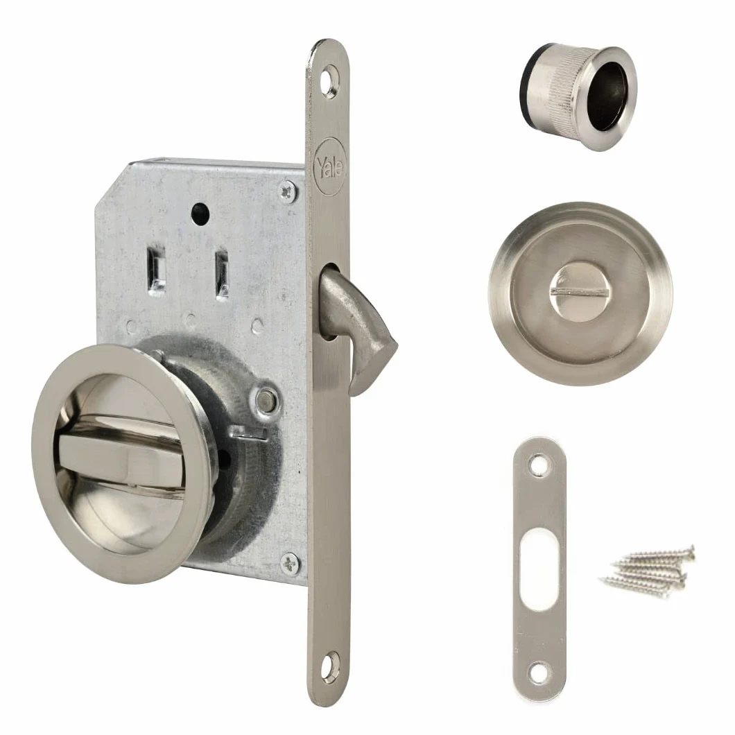 Kit de cerradura Yale para puerta corredera - Cerradura de cierre y manijas de taza redondas empotrables - Ø interior de las manijas 48 mm - Acero con acabado niquelado cepillado, Incluye tirador