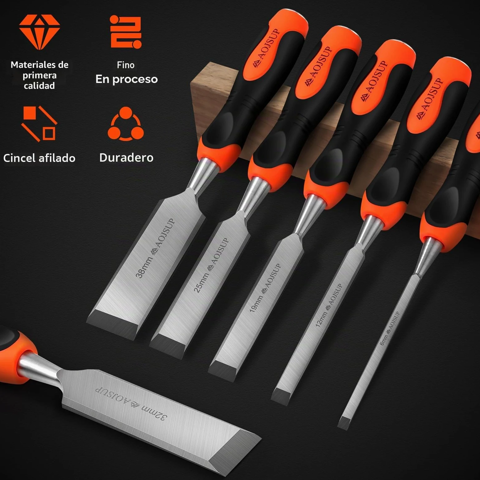 Juego De Cinceles Para Madera De 6 Piezas, Incluye Juego De Cinceles Afilados (6, 12, 19, 25, 32, 38mm) y Piedra De Amolar, Juego De Cinceles Para Madera Con Tapa De Impacto De Metal Resistente