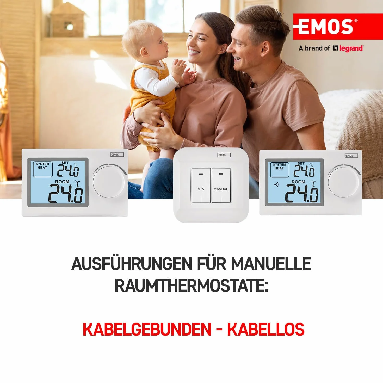 EMOS P5604 - Termostato digital de pared para sistemas de calefacción y refrigeración, regulador de temperatura con rueda de ajuste