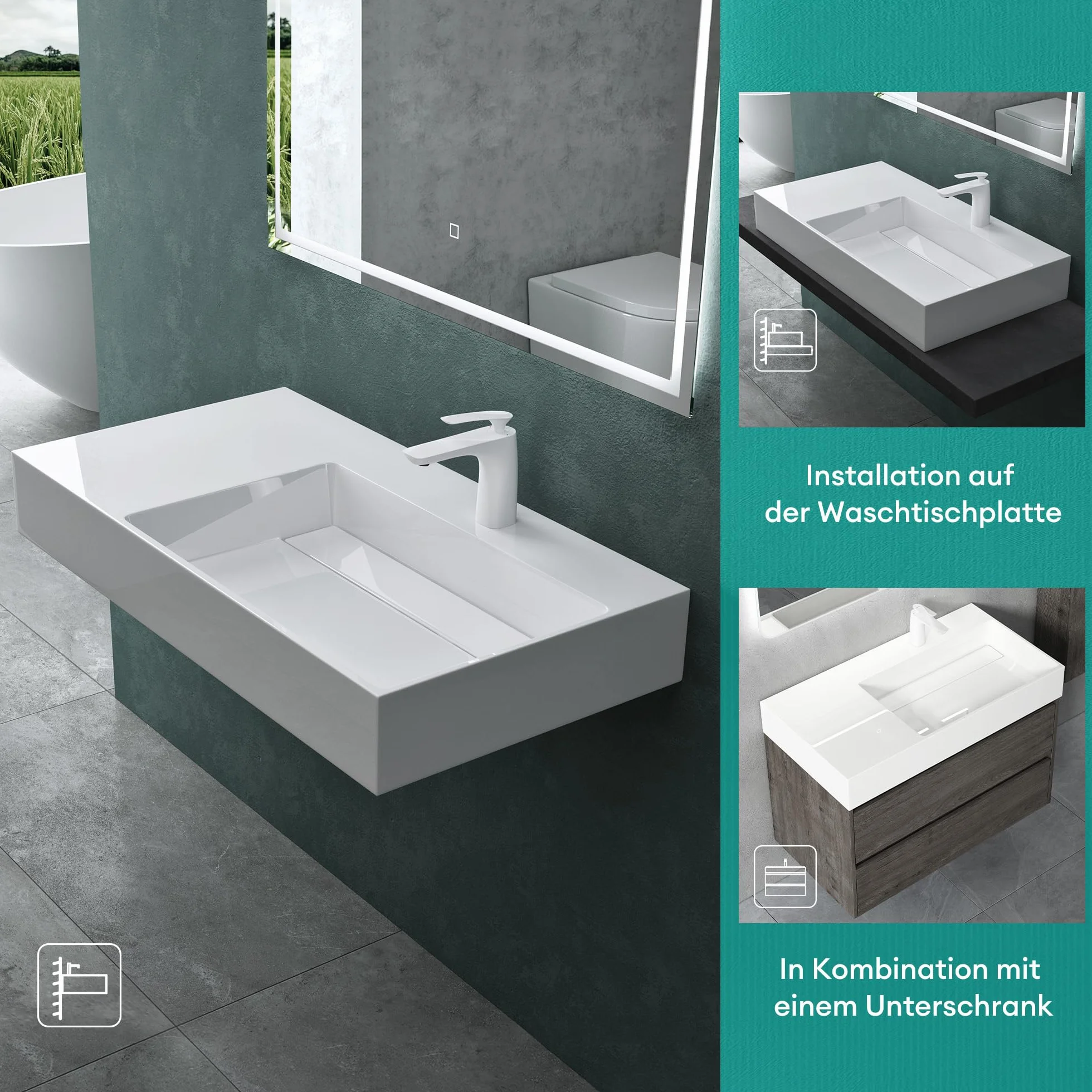 Mai & Mai Lavabo sobre Encimera Lavabo Derecho Suspendido Baño | Rectangular | Blanco Brillante | Mármol Fundido | 75x43x14cm | 1 Orificio para Grifo sin Rebosadero | Colossum12