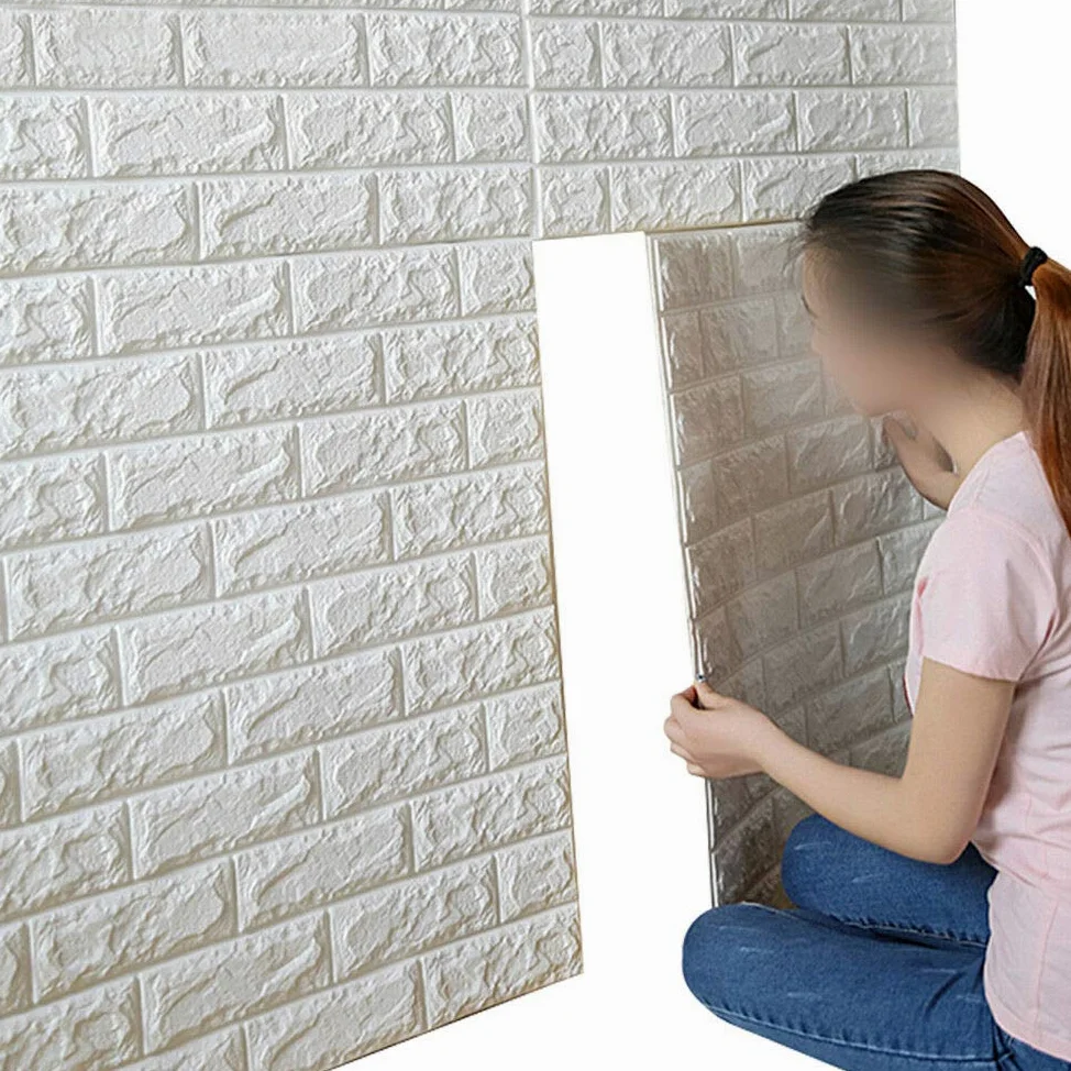 10 paneles de pared 3D autoadhesivos, aspecto de piedra, 70 x 77 cm, espuma de polietileno, DIY, ladrillos, piedra repujada, decoración de pared (blanco)
