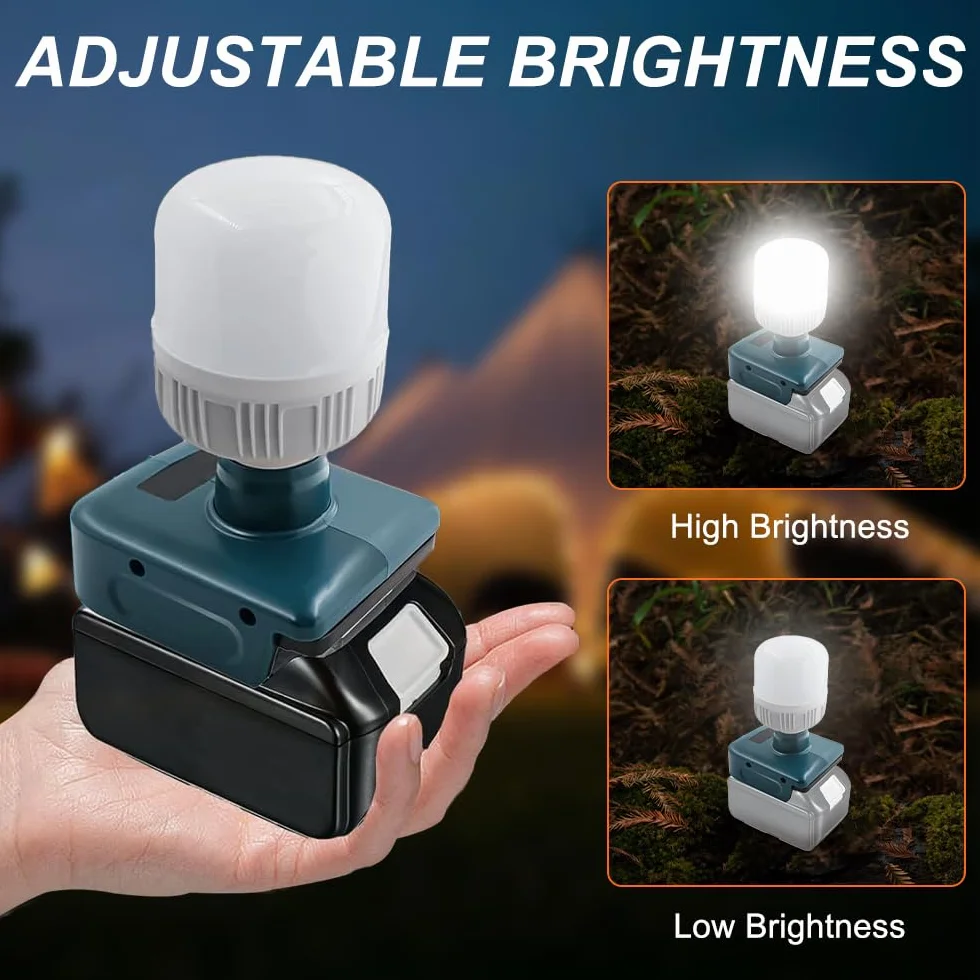 Lámpara de Batería para Makita Batería 18V, Afenau 12W luz de Trabajo con Bombillas E27 Ajustable 350-1300LM, Lámpara Portátil para Obra, Foco de Construcción LED para Batería 18V