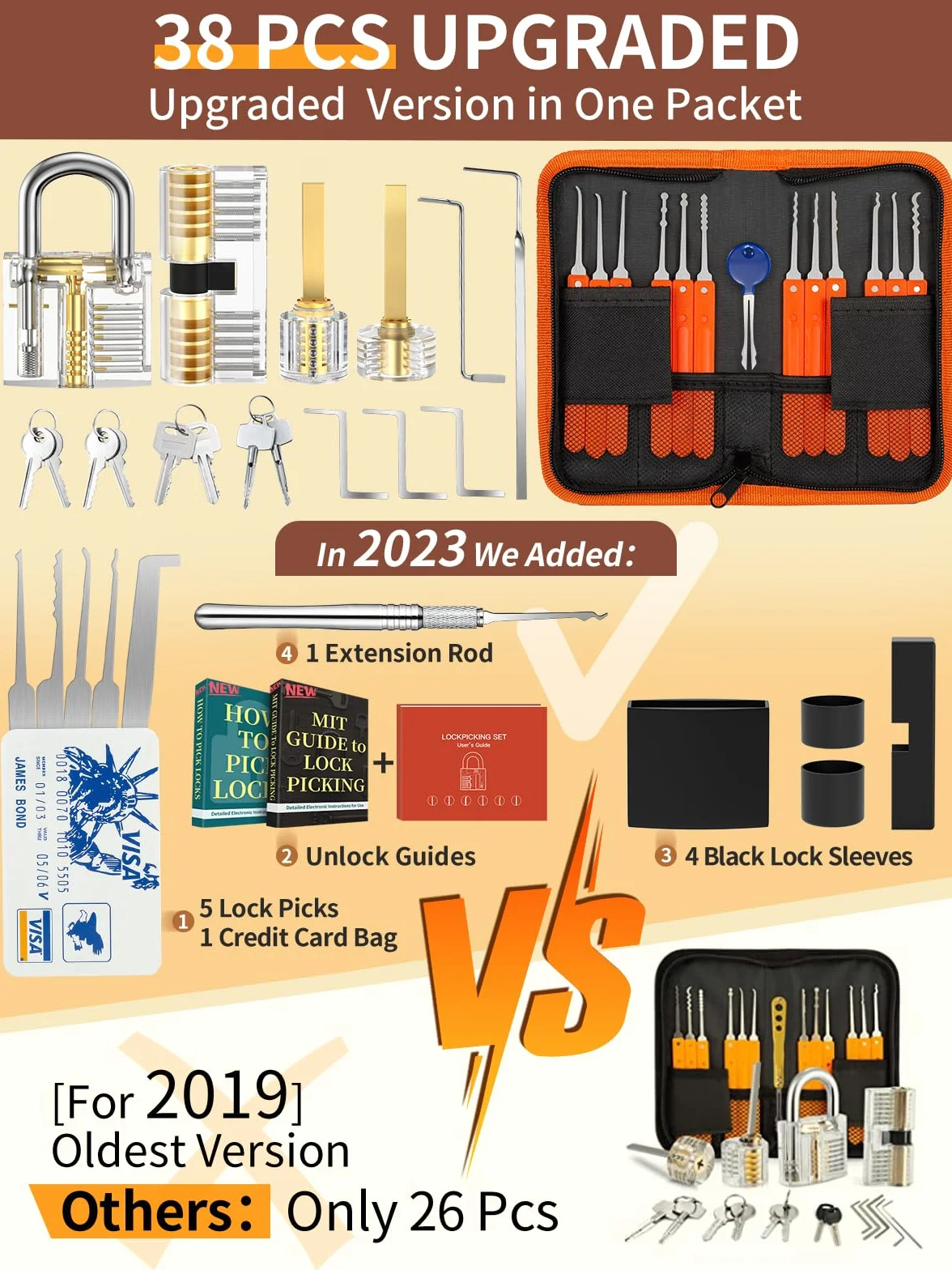 Juego de Ganzúas 38+4 Piezas, Eventronic Juego de 38 Ganzúas con 4 Cerraduras Transparente de Capacitación, Lockpicking Set de Extracción para Principiantes y Cerrajeros Profesionales