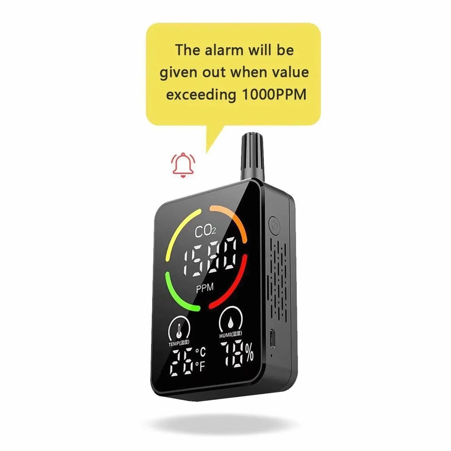 Detector de CO2 Monitor calidad del aire Medidor Temperatura Humedad Sensor NDIR dióxido carbono Probador concentración con alarma Para uso de bricolaje(Black)