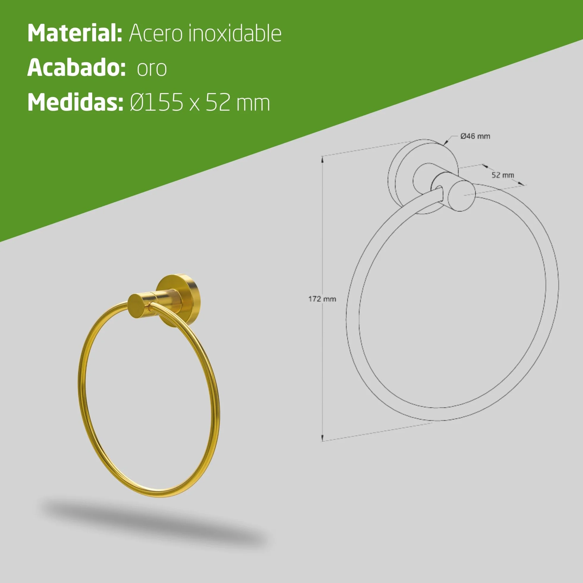 Amig Toallero de Baño Mod. Gorliz-3 Soporte de Pared Acero Inoxidable Oro Mate Ø155 x 52 mm