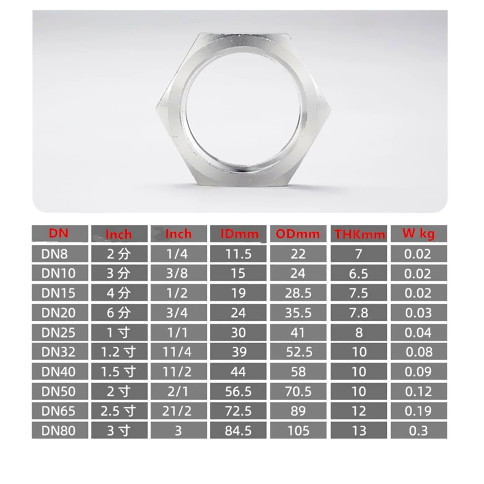 Tuerca, 10 Piezas, Rosca Hembra NPT de 1/4", Tuerca Seguridad Hexagonal, Accesorio for tubería Acero Inoxidable 304, Delgada