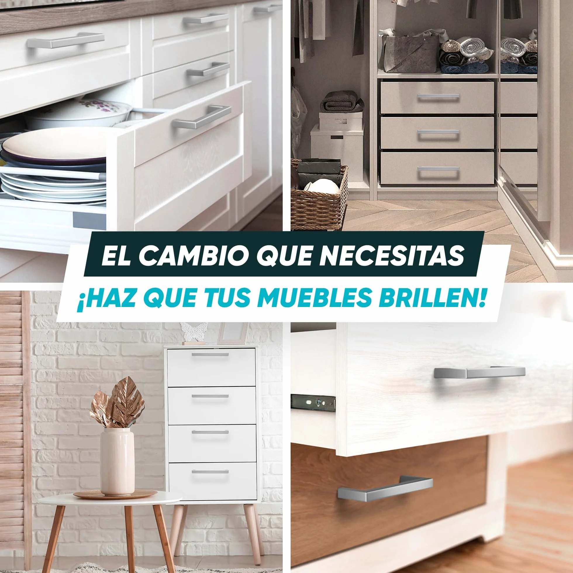Tiradores Cocina Plateados 160MM (10 Unidades) - Tiradores Armarios Cuadrados - Manillas Rectangulares para puertas de armarios y muebles de cocina.