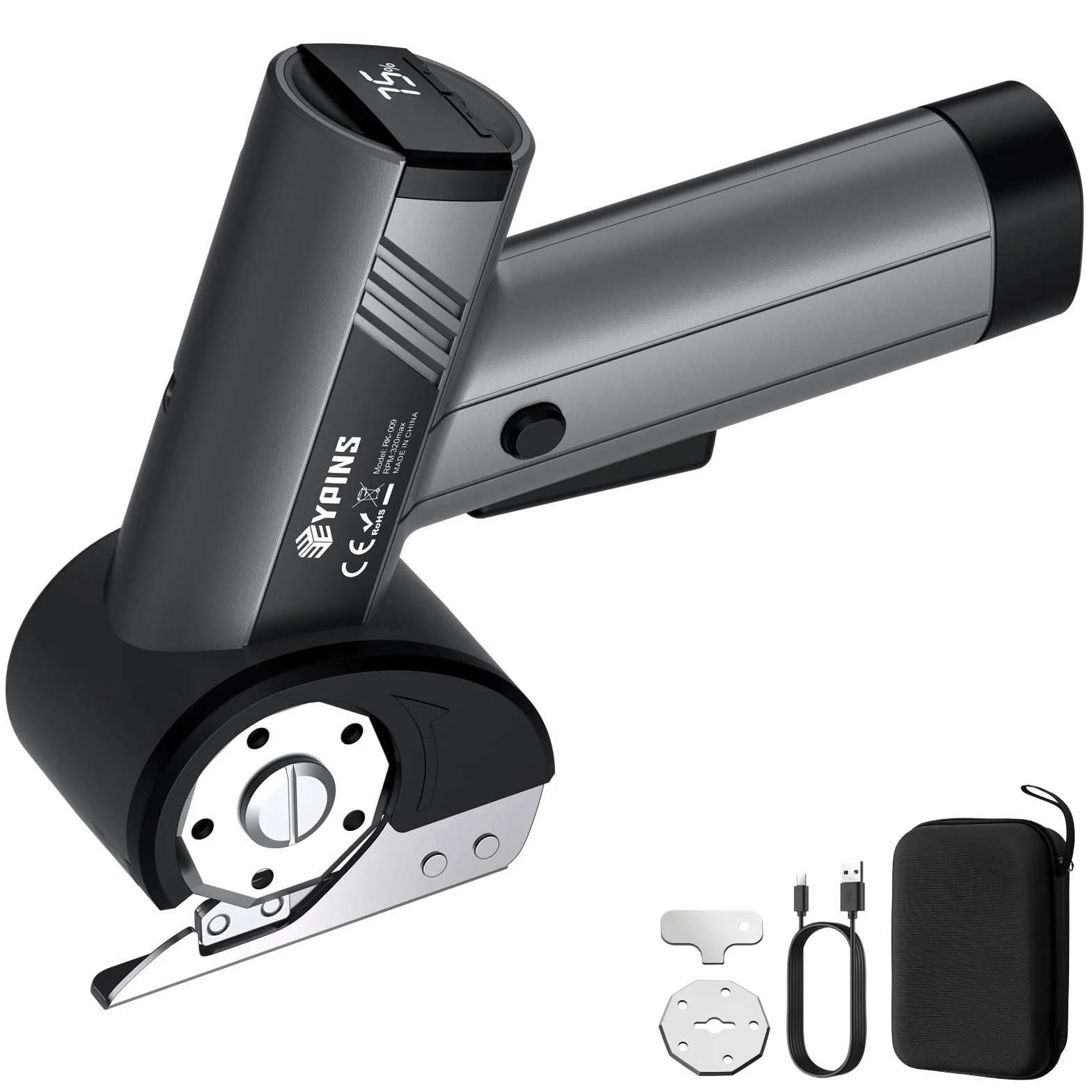 EYPINS Tijeras Eléctricas Inalámbricas con 4 Velocidades (120-320 rpm), Cortador Electrica con Pantalla LCD+Luz LED, Hoja SK5, Carga USB-C, Bolsa de Almacenamiento,para Tela Cuero Alfombra Cartón