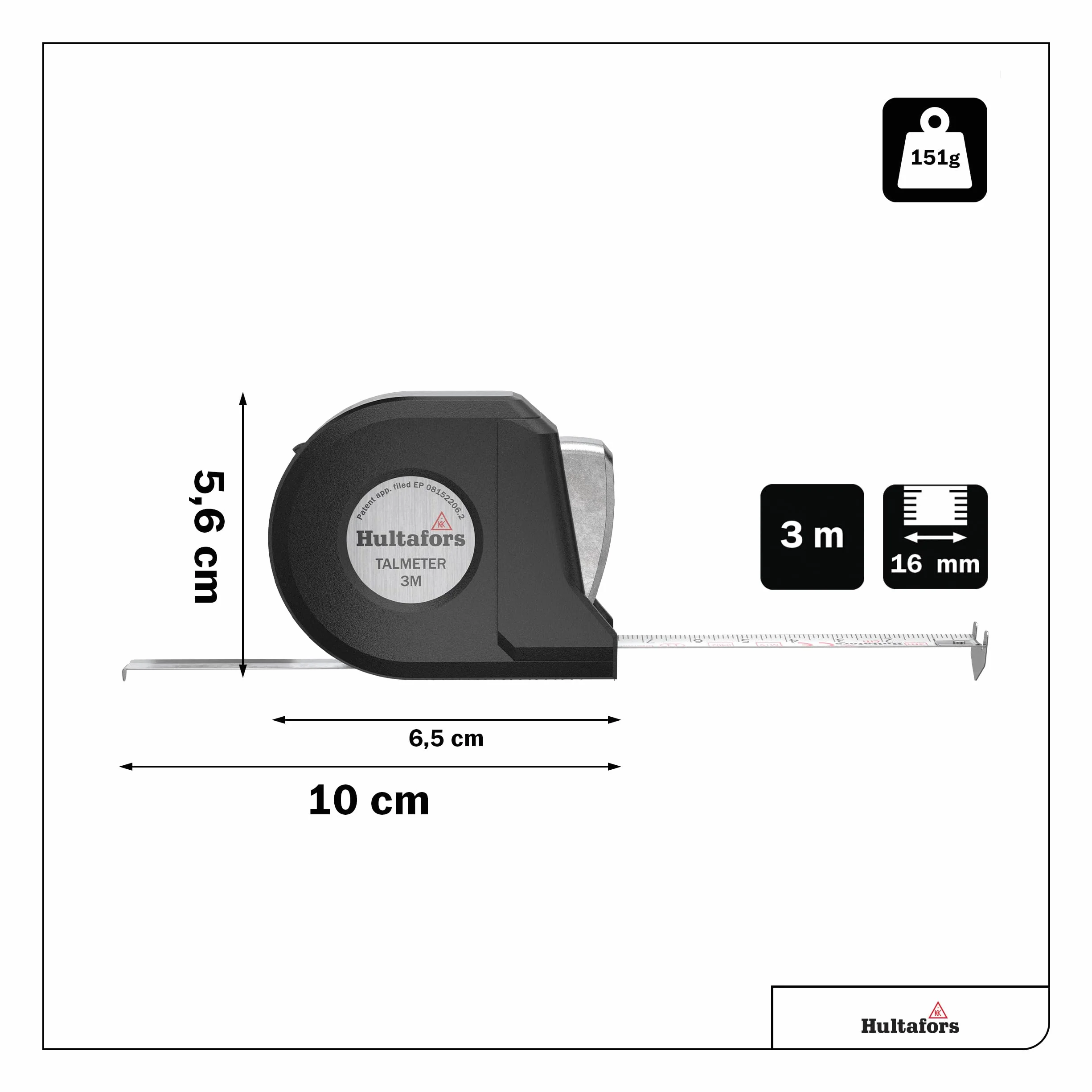 Cinta de medición Talmeter de 3 metros I Hultafors I Clase de precisión II I Made in EU I Cinta de medición 7 en 1 con función única de medición y marcado I 359203