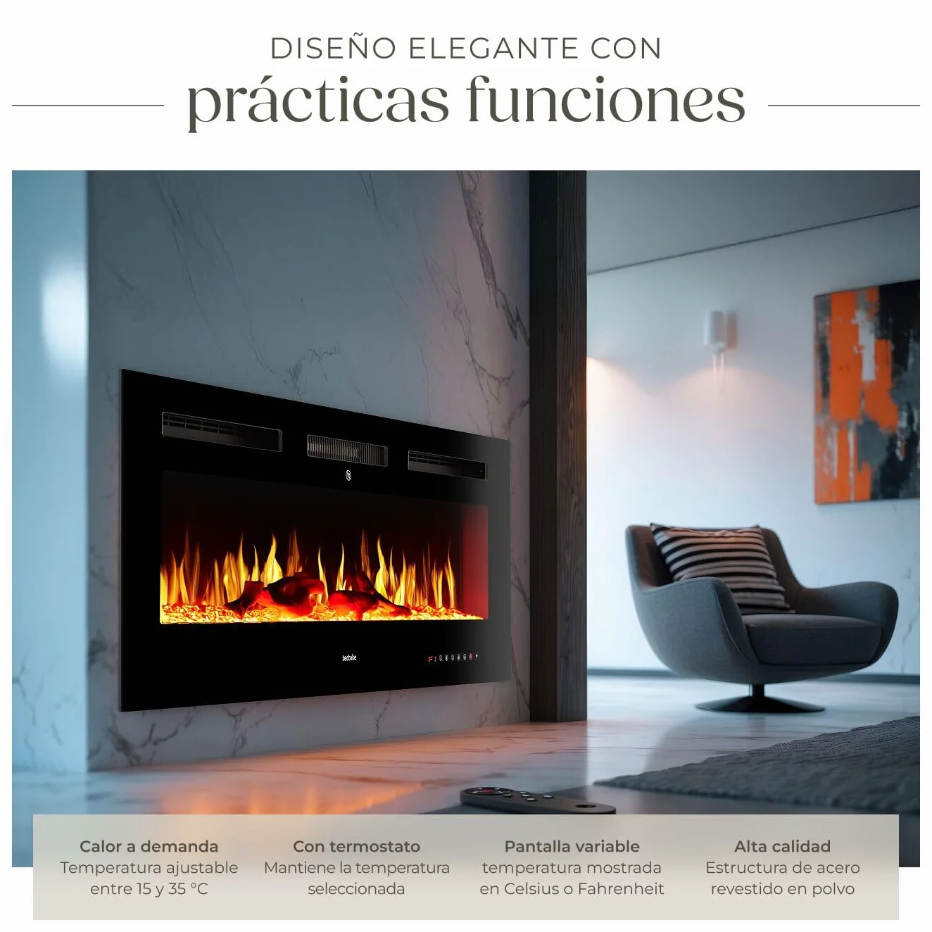 tectake® Chimenea Electrica Decorativa con Efecto Llama 3D, 2 Niveles de Calefacción, Control Remoto, Chimenea Eléctrica con Termostato Integrado, Protección Sobrecalentamiento - 12 x 127 x 43 cm