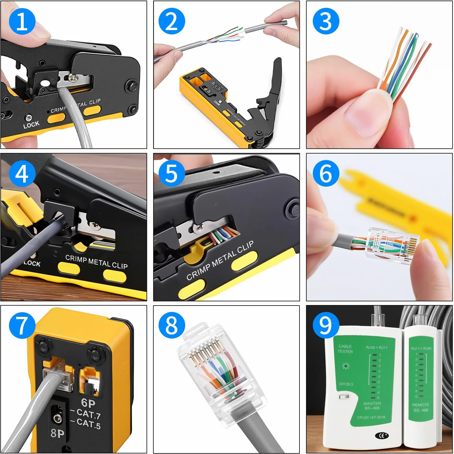 Crimpadora RJ45 Kit Herramientas de Red SOARFLY | Juego Completo con Conectores RJ45 Pasantes Cat5/Cat6/Cat7, 50 PCS Conectores, Pelacables, Comprobador de Red y Compatibilidad con RJ11/RJ12/RJ45