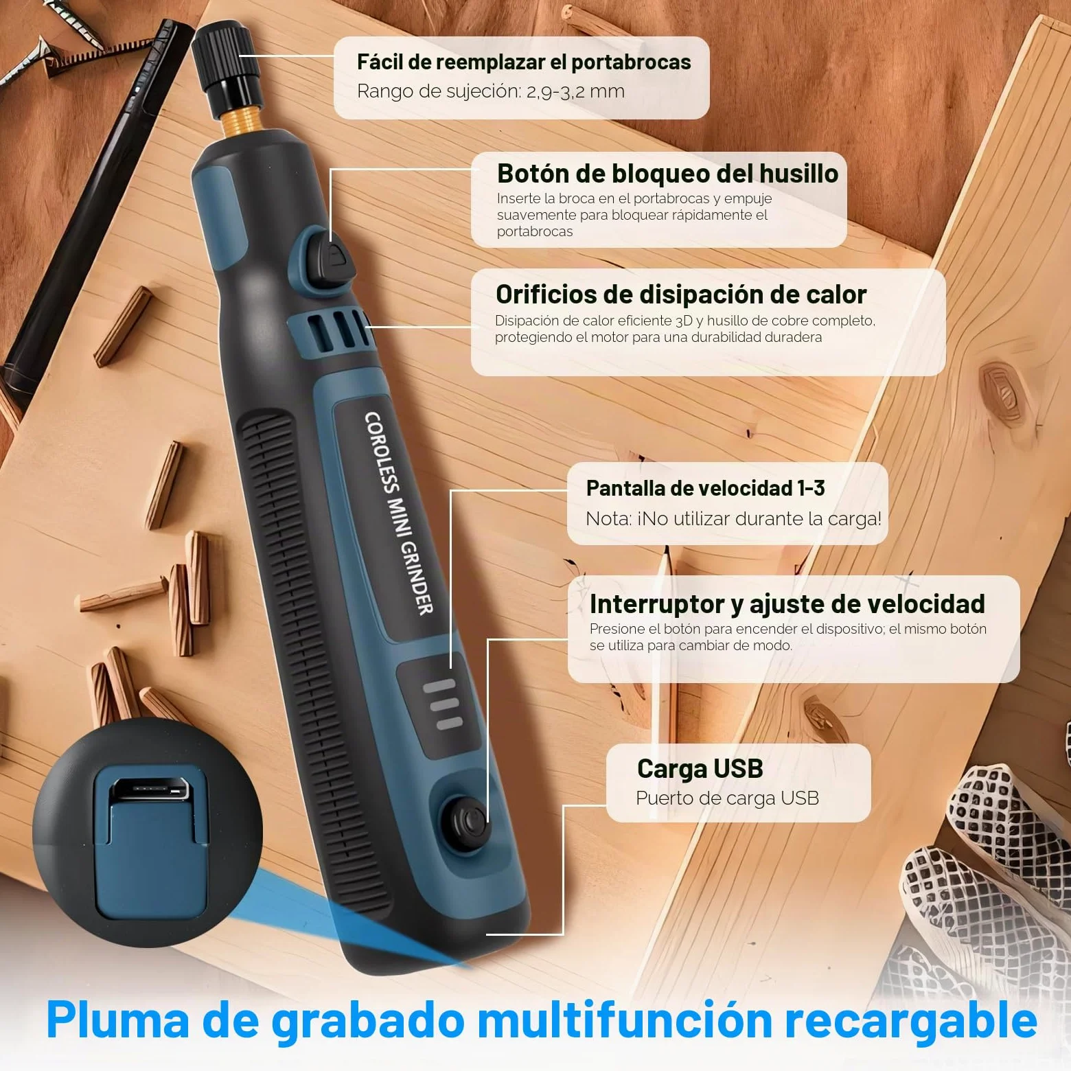 Mini Amoladora Eléctrica, 3.7V Herramienta Rotatoria sin Cable Con 96 Accesorios Lápiz de Grabado Eléctrico para Cortar/Esmerilar/Grabar/Perforar, de Manualidades y Creación de Bricolaje