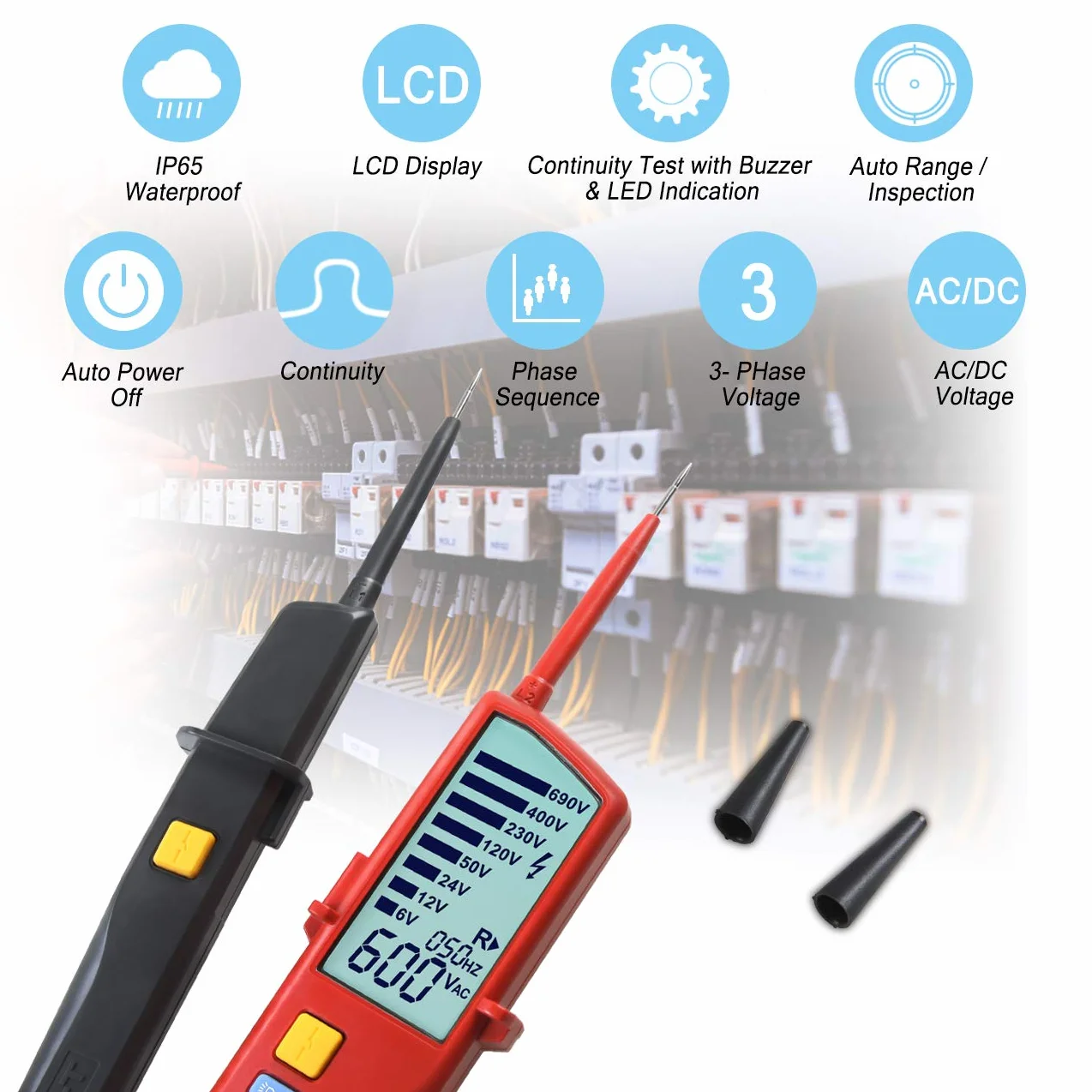 UNI-T UT18D Probador de Voltaje y Continuidad Impermeable Comprobador de Tensión de Rango Automático con Prueba de RCD y Rotación de Fase, Iluminación incorporada