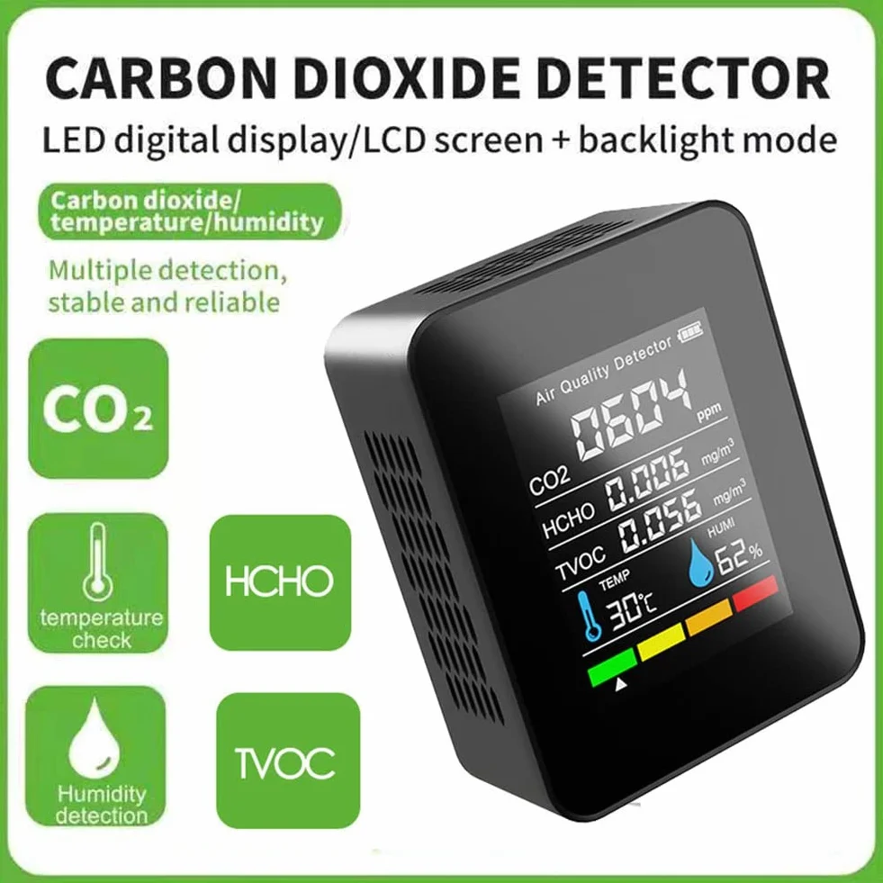 Orton Medidor digital de CO2 5 en 1, medidor de humedad y temperatura, detector de dióxido de carbono, monitor de calidad del aire, analizador TVOC HCHO-B