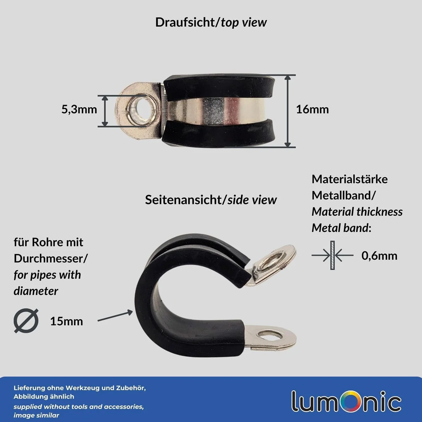 Lumonic abrazaderas de tubo 15mm acero inoxidable V2A con inserto de goma