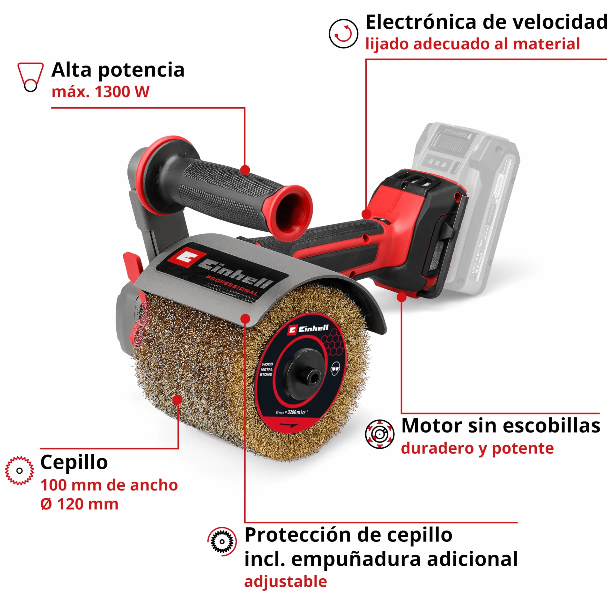 Einhell Professional Lijadora de cepillo con batería TP-BR 18/32 Li BL-Solo PXC (18 V, 1300 W, sin escobillas, máx. 3200 rpm, cepillos de Ø 120 mm, incl. cepillo de alambres de latón, sin batería)
