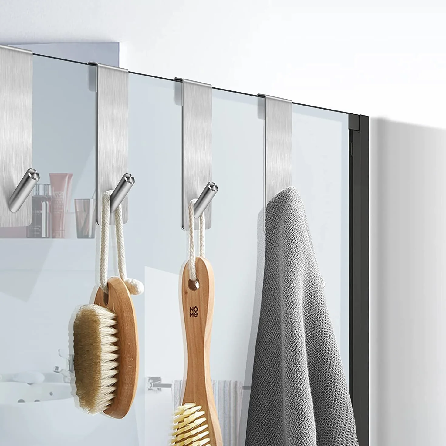 4 Piezas Gancho de Ducha, Gancho para Mampara de Ducha, Acero Inoxidable Sin Perforaciones Gancho de Puerta para baño Toallas Colgar-Plateado(17,8cm)