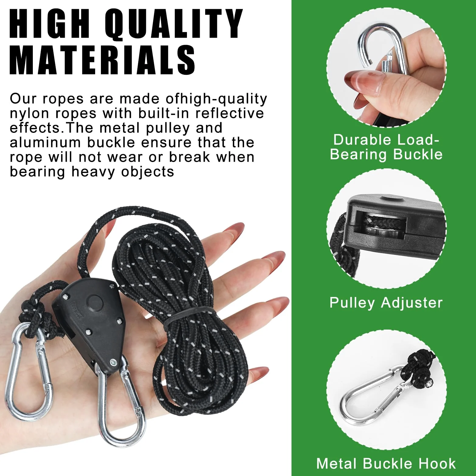 8 ganchos de trinquete, cuerdas tensoras de 4 m con tensor de cuerda, carraca resistente de 1/8 pulgadas para plantas, ventilador, luz, plantas de interior (negro)