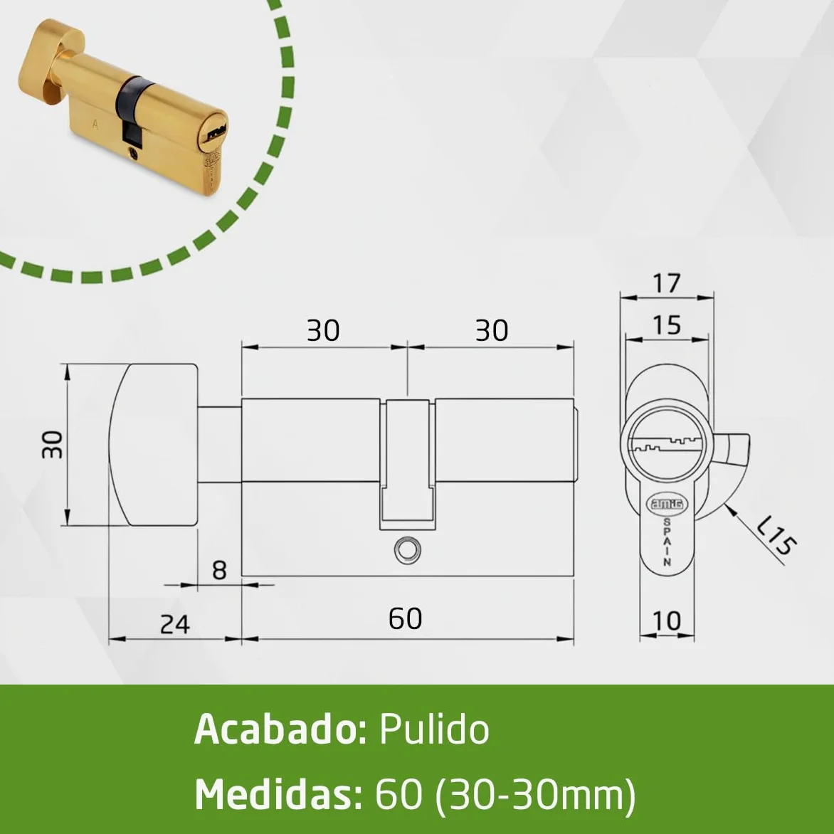 Amig - Cilindro de seguridad con muletilla - Cerradura para puertas - Bombín de Alta Seguridad - Antiganzúa y Antitaladro - Incluye 5 llaves - Pulido - Medidas: 60 (30-30 mm)