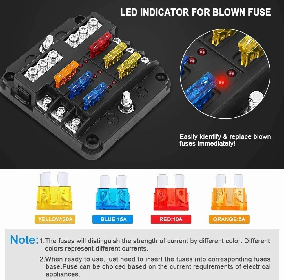 KAOLALI Caja de Fusibles 6 Vias, Porta Fusibles con Cuchilla Negativa, LED, 12V para Coche Barco Marino