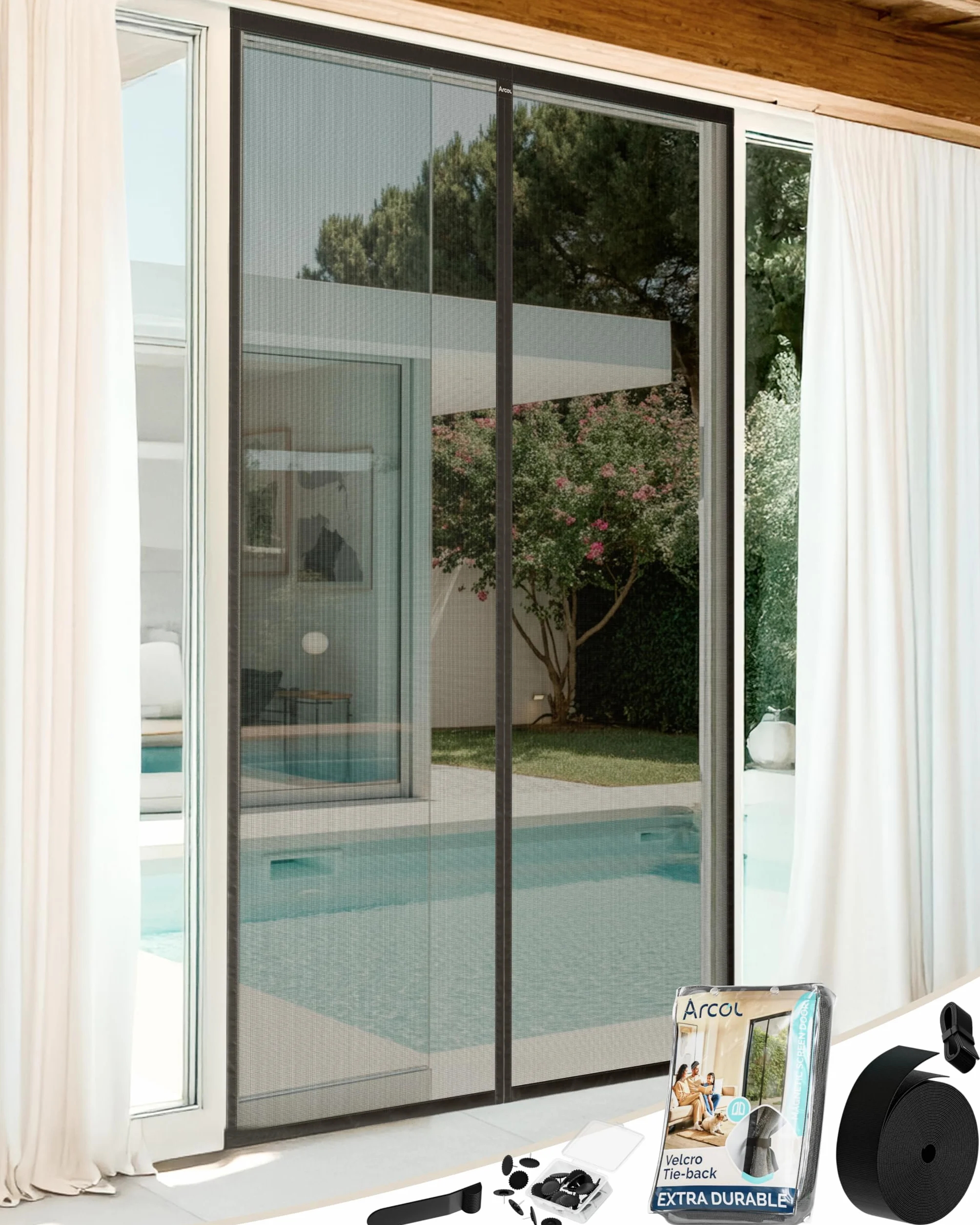ARCOL Mosquitera Puerta Magnética 80x250 cm de Fibra de Vidrio – Adiós a los Mosquitos en 3 min, Malla Ultra-Fina, Cierre Automático con Imanes y Pesos, Cinta de Fijación Extra Ancha (Negro)