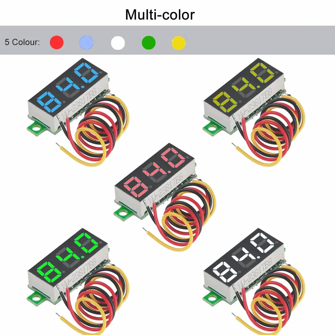 Greluma 5 piezas Mini voltímetro digital DC 0.28" tres hilos 0V-100V - 5 colores