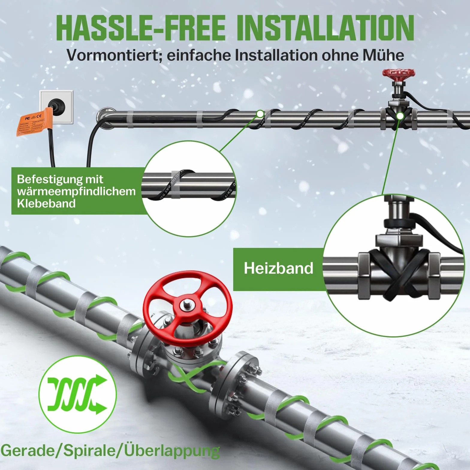 Cable calefactor de 2 m con termostato, 35 W/m, autorregulable, con protección antihielo y luz indicadora de funcionamiento, para tuberías de agua, canalones y abrevaderos, IP68