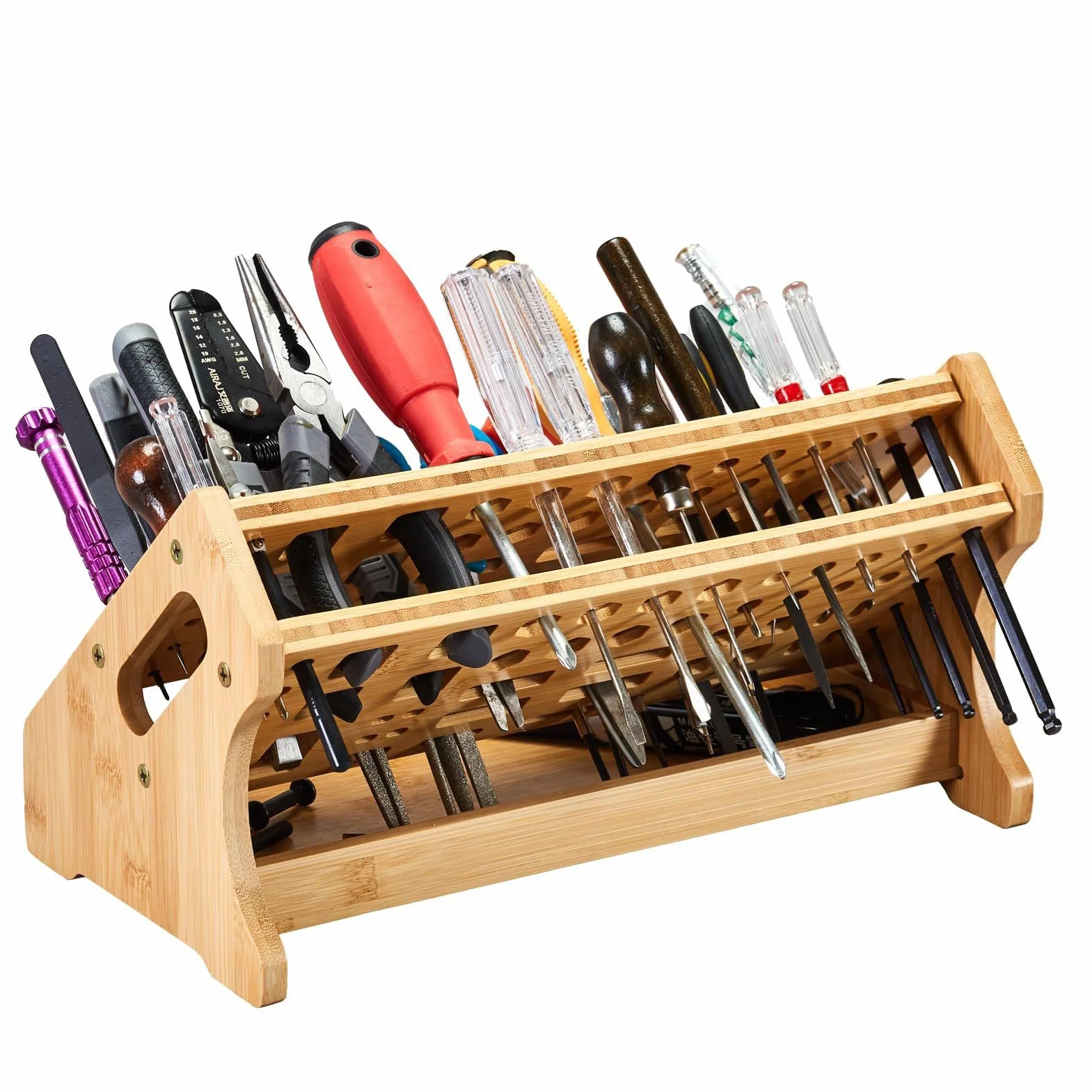 Organizador de Alicates | con Bandeja de 53 Agujeros Organización Hogar Madera - Organizador de Herramientas para Escritorio | Para Manualidades Reparación Garaje Interior y Exterior Jardín