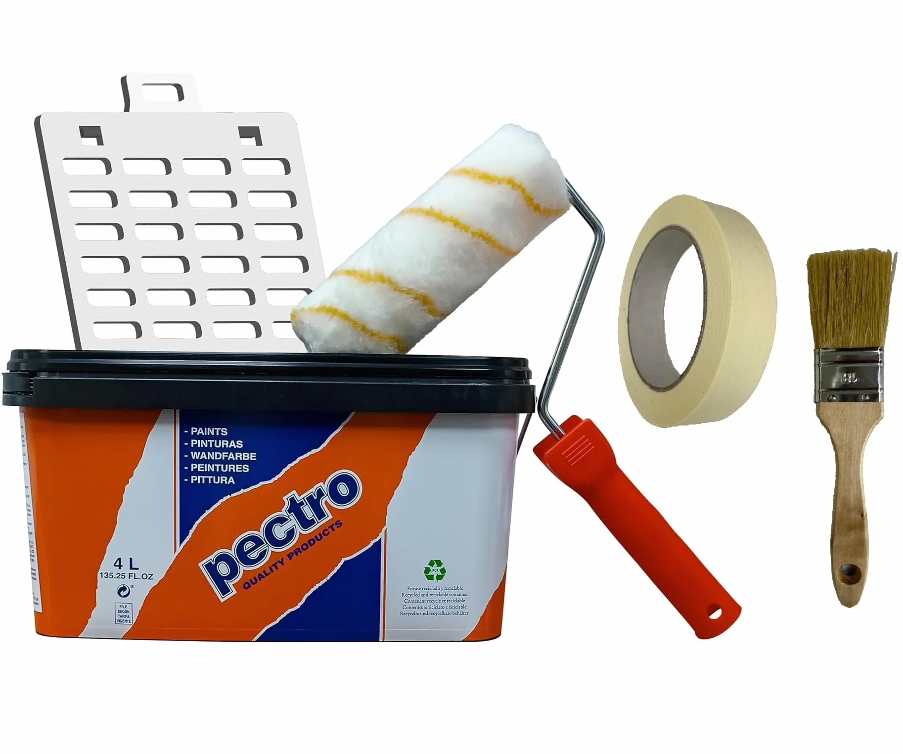 PECTRO Set Pintura blanca Interior Exterior 6,6kg (4L) con rodillo, rejilla, brocha y cinta | Kit Pintura Mate Paredes y Techos, lavable de gran durabilidad y cubrición - Cubeta de plástico Reciclado